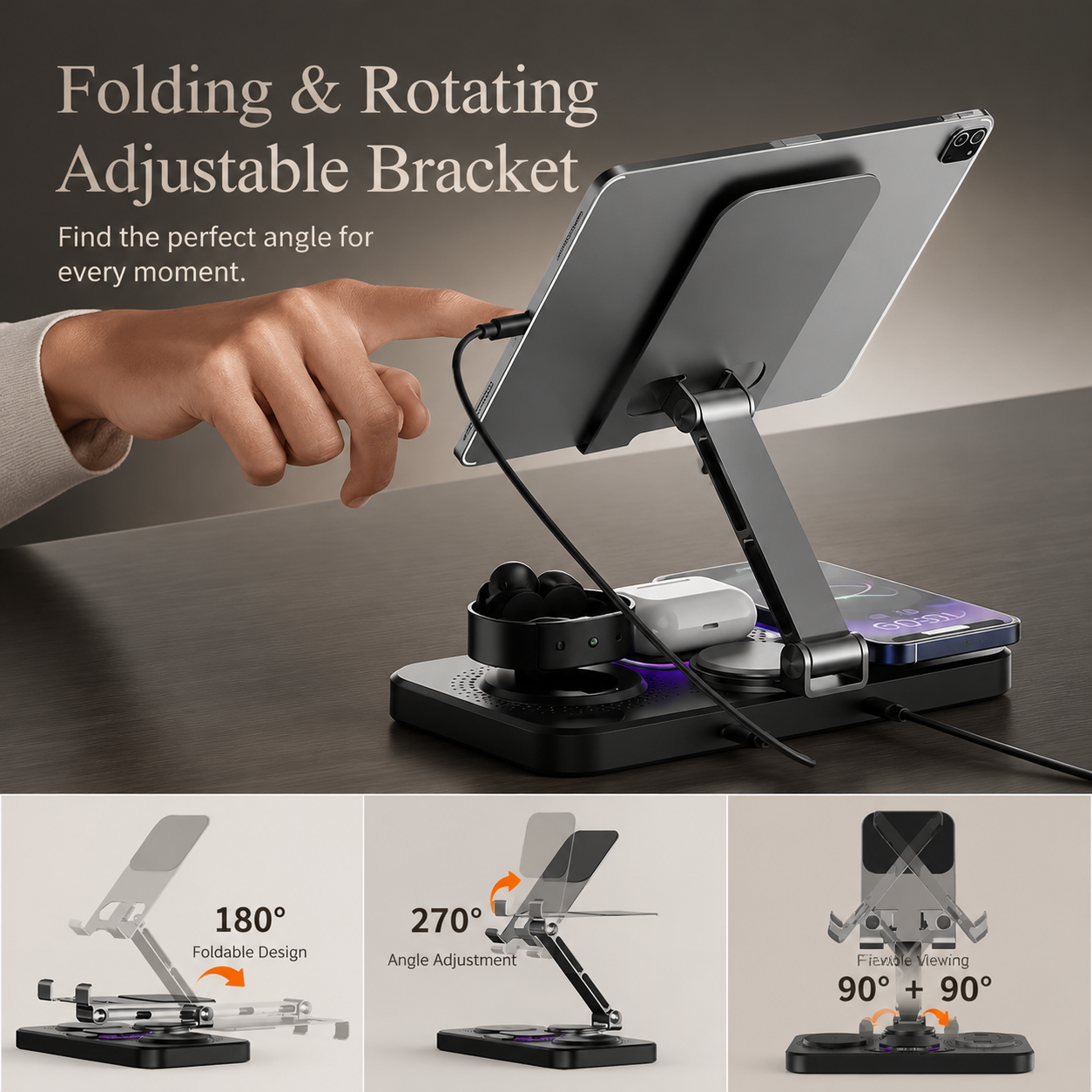 Premium 4 in 1 Magnetic Wireless Charging Station 15W Fast Charging Foldable Charger Stand for Phone Watch Earbuds LED Compatible with iPhone