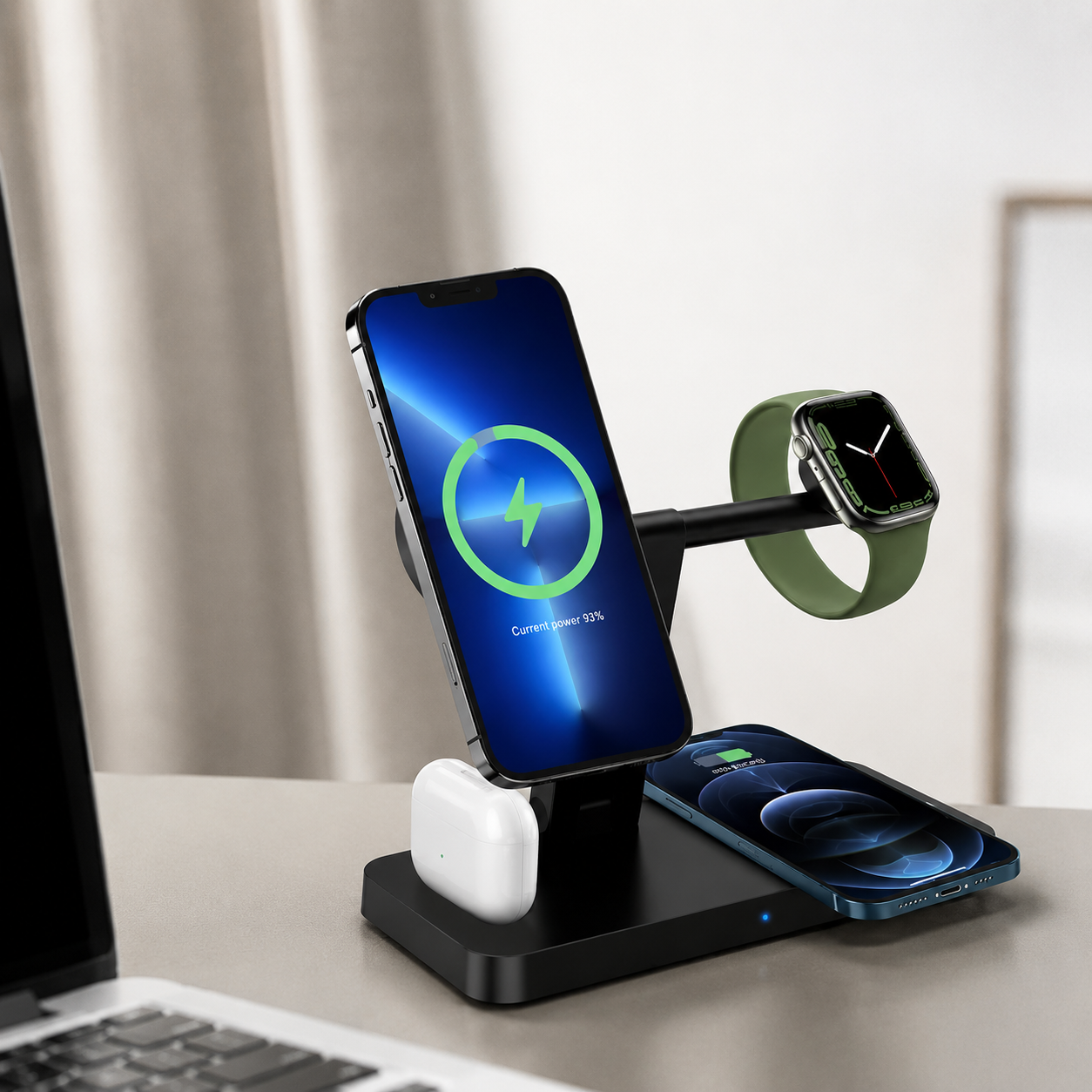 Premium 5 in 1 Magnetic Wireless Charging Station Foldable 30W Fast Qi Charger Stand LED Night Light USB Type C Multi Device Charging Compatible with iPhone