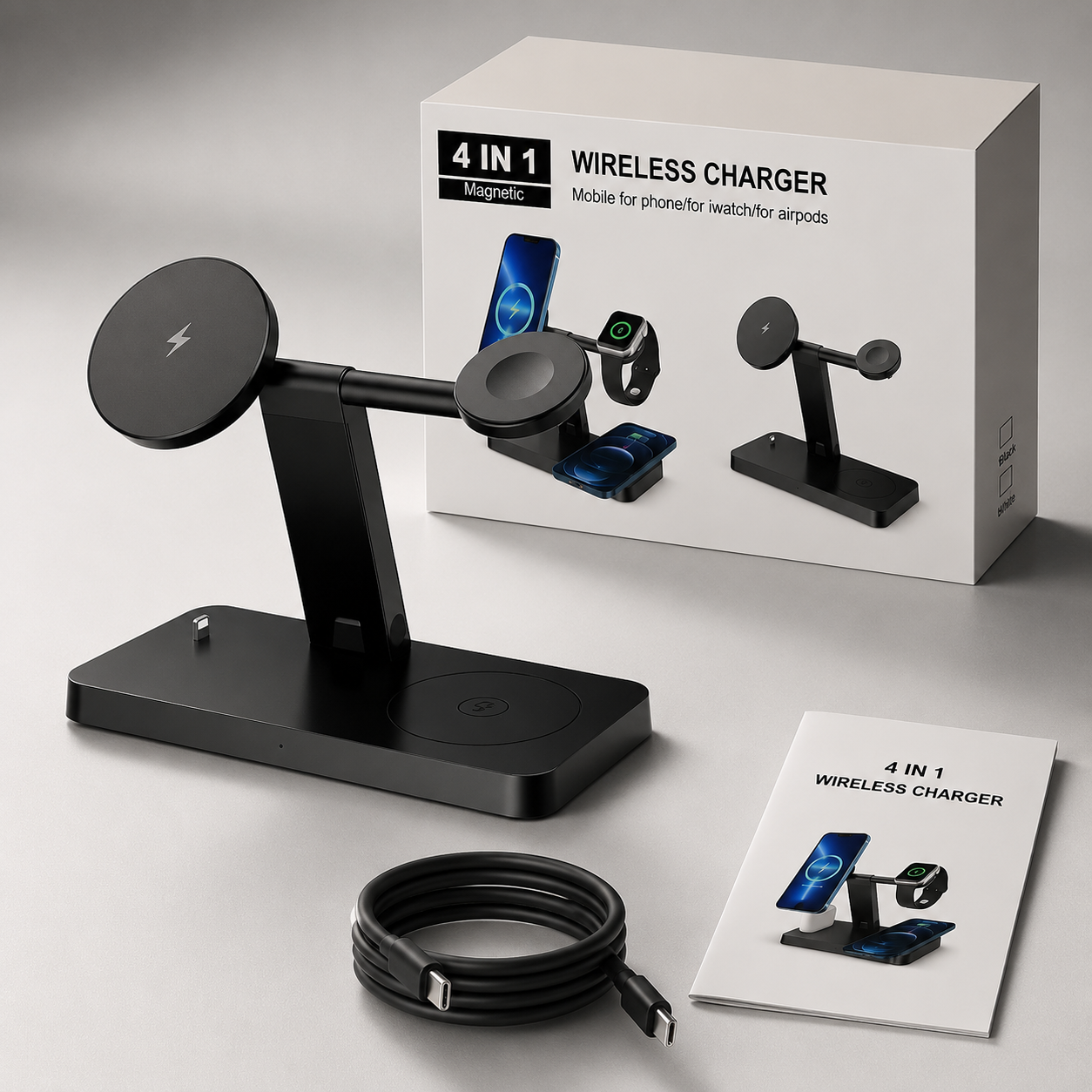 Premium 5 in 1 Magnetic Wireless Charging Station Foldable 30W Fast Qi Charger Stand LED Night Light USB Type C Multi Device Charging Compatible with iPhone