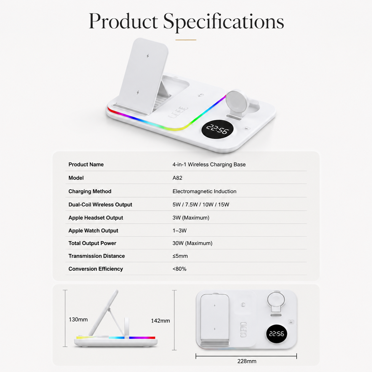 Premium 5 in 1 Wireless Charging Station 30W Fast Qi Charger Foldable Charging Dock RGB LED Alarm Clock USB Type C Multi Device Compatible with iPhone