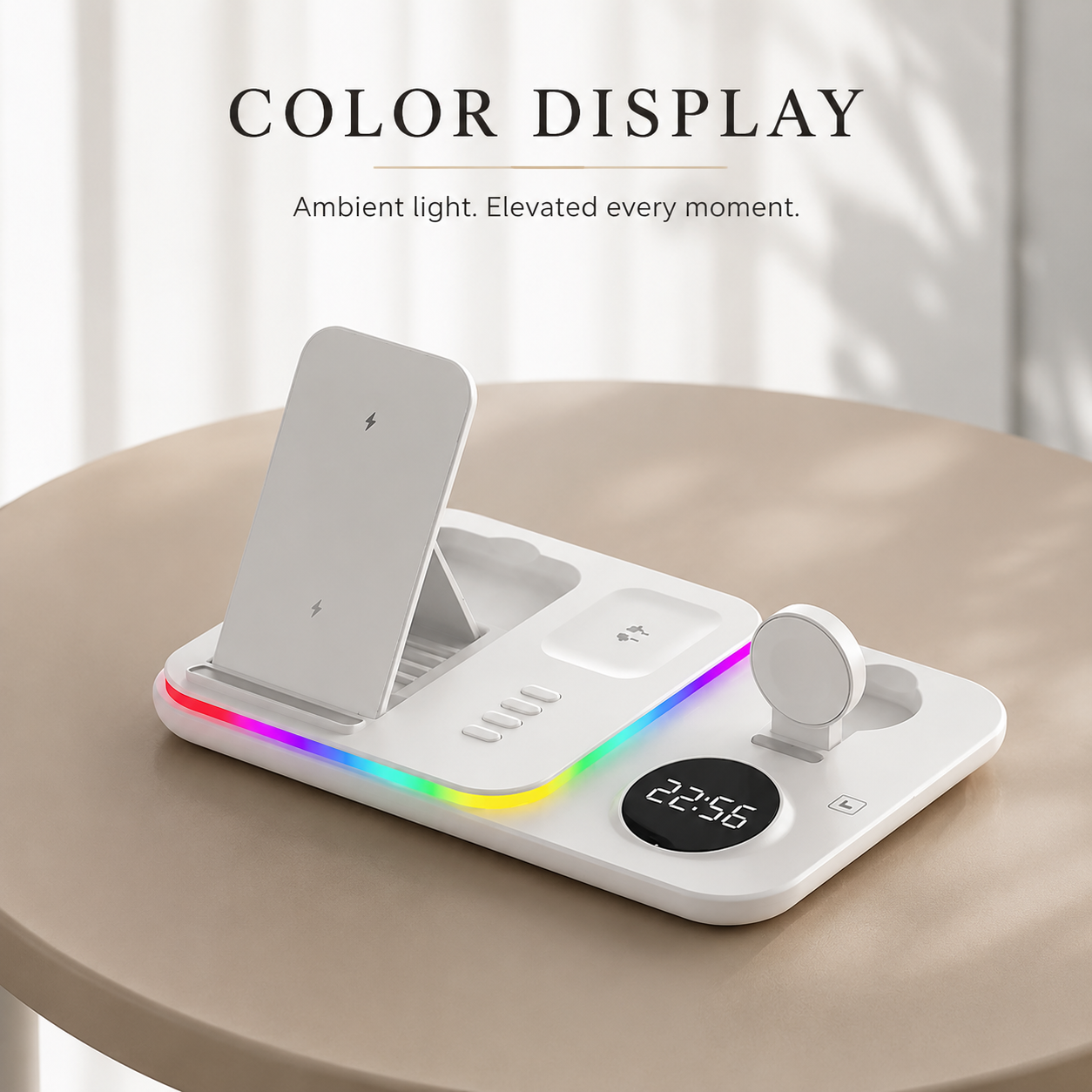 Premium 5 in 1 Wireless Charging Station 30W Fast Qi Charger Foldable Charging Dock RGB LED Alarm Clock USB Type C Multi Device Compatible with iPhone