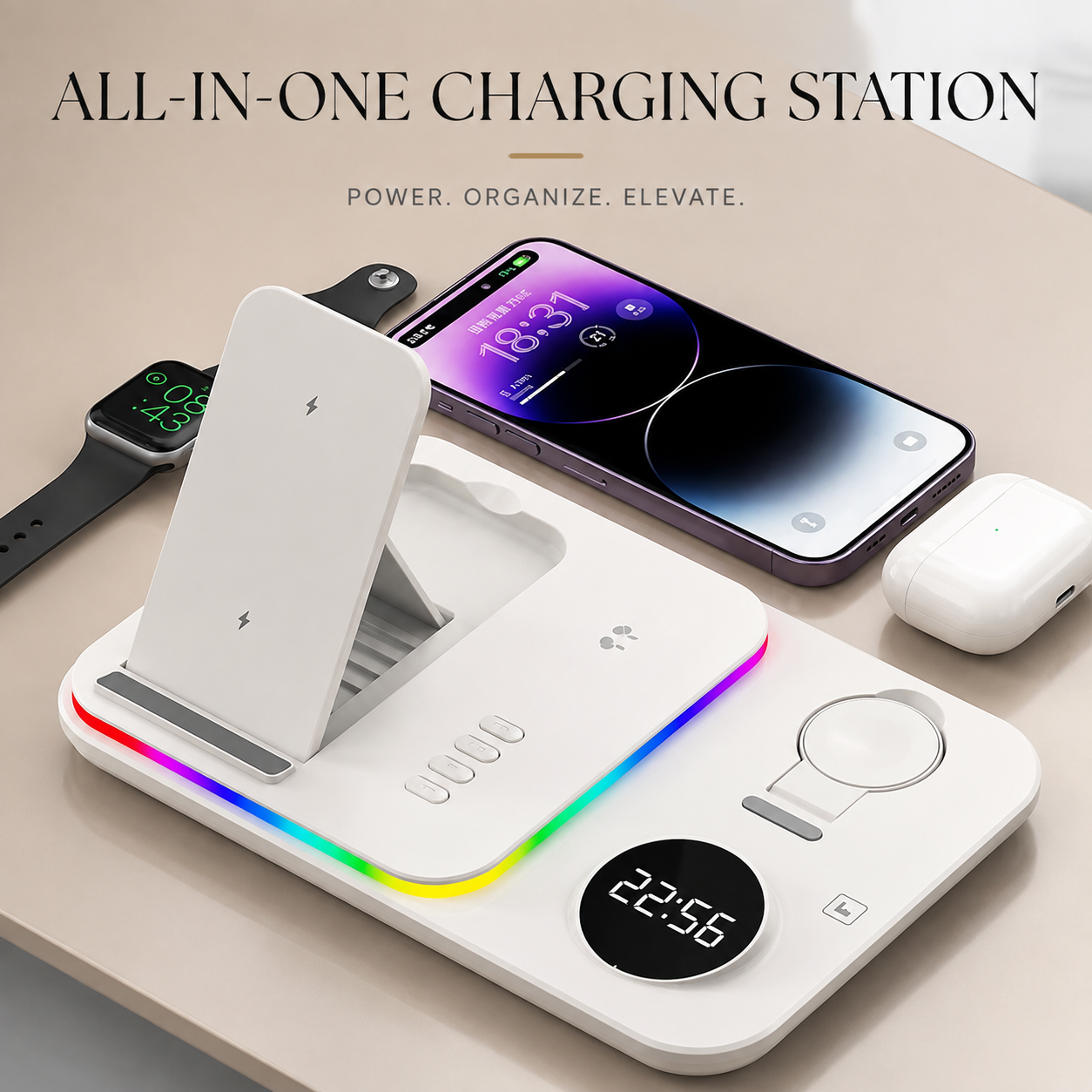 Premium 5 in 1 Wireless Charging Station 30W Fast Qi Charger Foldable Charging Dock RGB LED Alarm Clock USB Type C Multi Device Compatible with iPhone