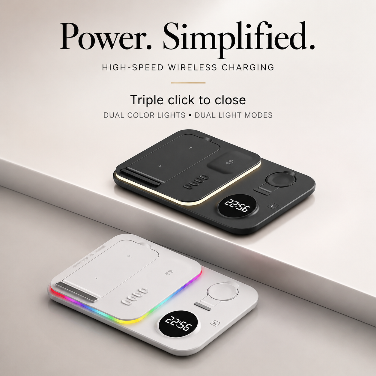 Premium 5 in 1 Wireless Charging Station 30W Fast Qi Charger Foldable Charging Dock RGB LED Alarm Clock USB Type C Multi Device Compatible with iPhone