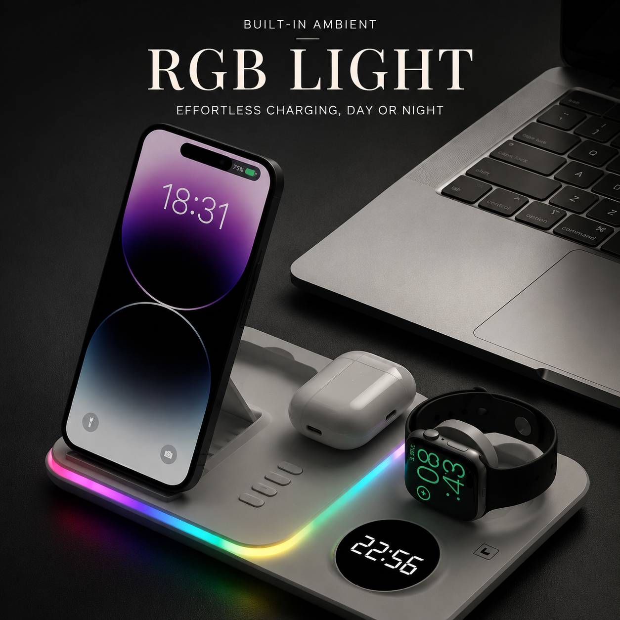 Premium 5 in 1 Wireless Charging Station 30W Fast Qi Charger Foldable Charging Dock RGB LED Alarm Clock USB Type C Multi Device Compatible with iPhone