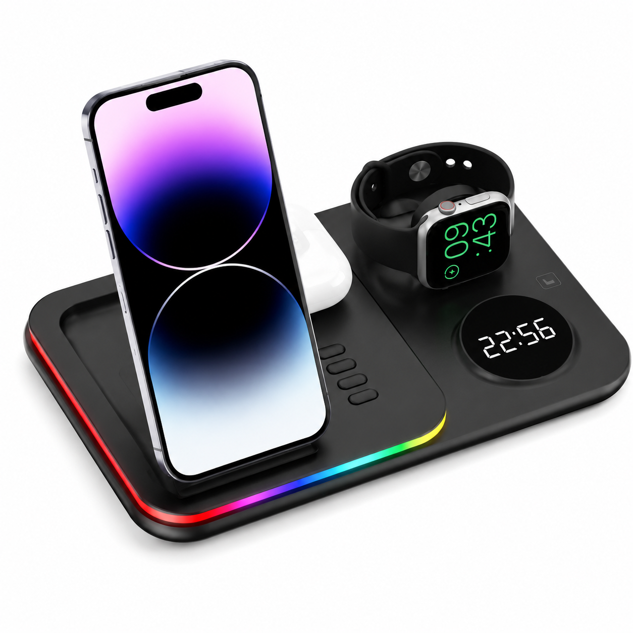 Premium 5 in 1 Wireless Charging Station 30W Fast Qi Charger Foldable Charging Dock RGB LED Alarm Clock USB Type C Multi Device Compatible with iPhone
