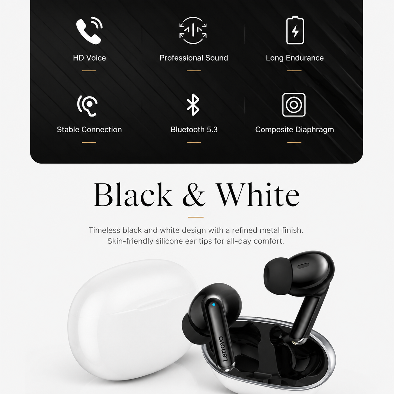 Premium Bluetooth 5.3 Wireless Earbuds Stereo In-Ear Headphones with Clear Microphone Secure Sport Fit Low Latency Compatible with iPhone