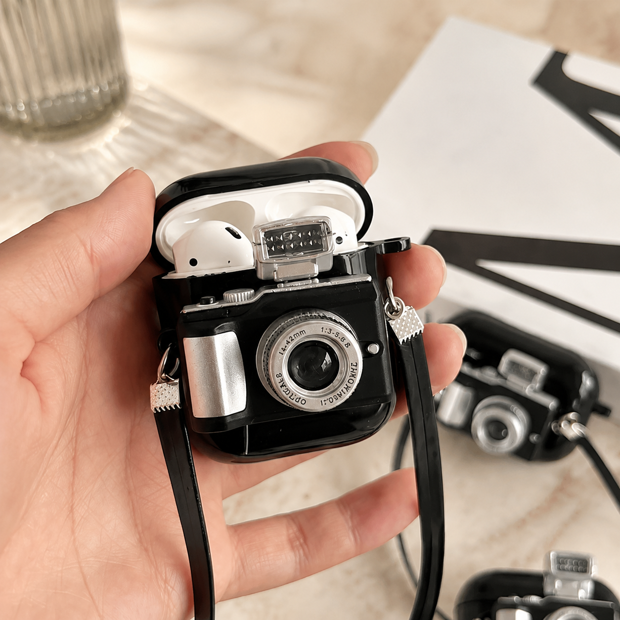 Premium Camera AirPods Case Soft Silicone Protective Cover Cute Wireless Charging Carry Strap Shockproof Earbuds Case Compatible with AirPods