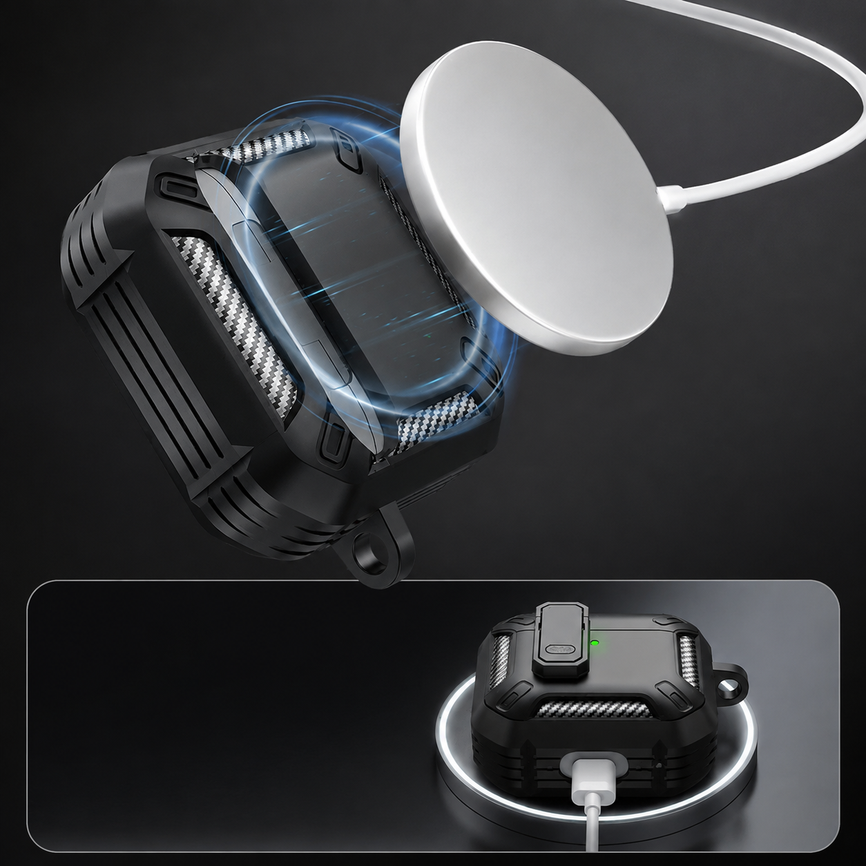 Premium Carbon Fiber AirPods Case Cover Shockproof TPU Protective Case Secure Lock Wireless Charging Anti-Scratch Compatible with AirPods