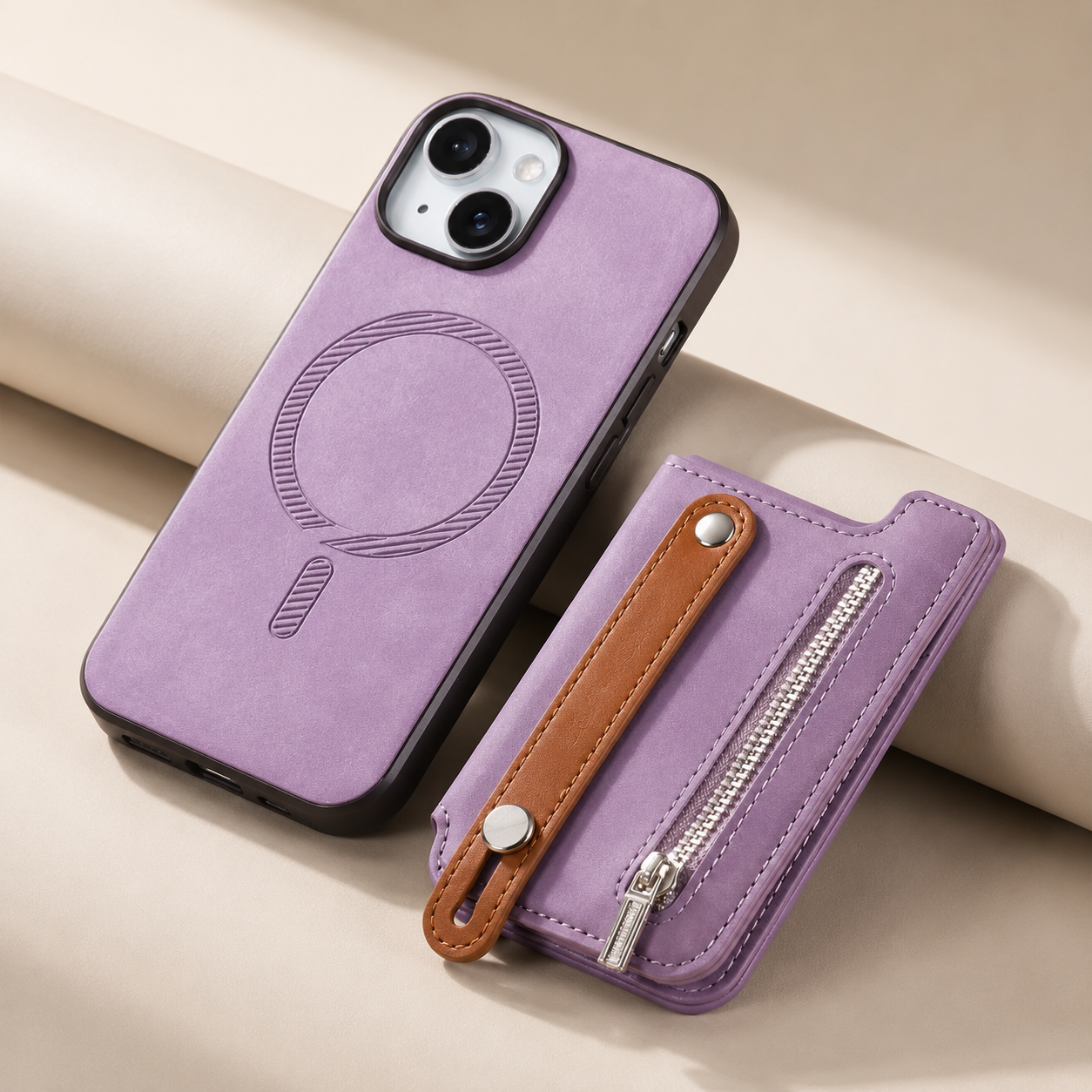 Premium Detachable Zipper Wallet iPhone Case Magnetic Flip Cover Card Holder Wrist Strap Shockproof Protective Case Full Coverage Design