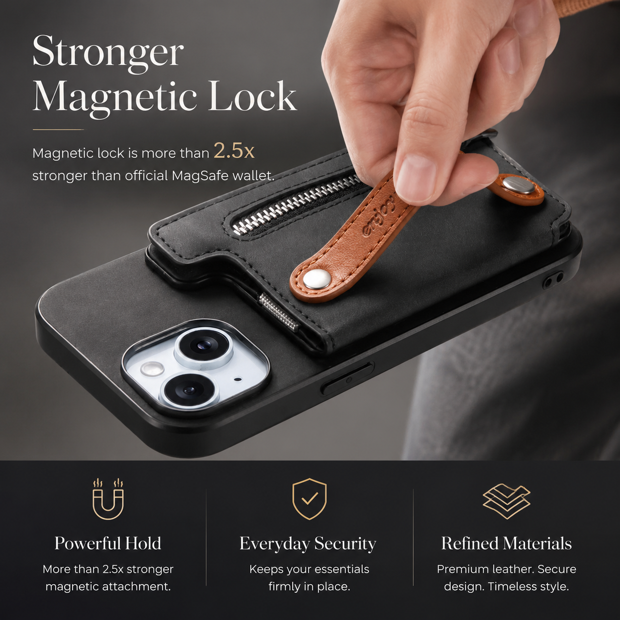 Premium Detachable Zipper Wallet iPhone Case Magnetic Flip Cover Card Holder Wrist Strap Shockproof Protective Case Full Coverage Design