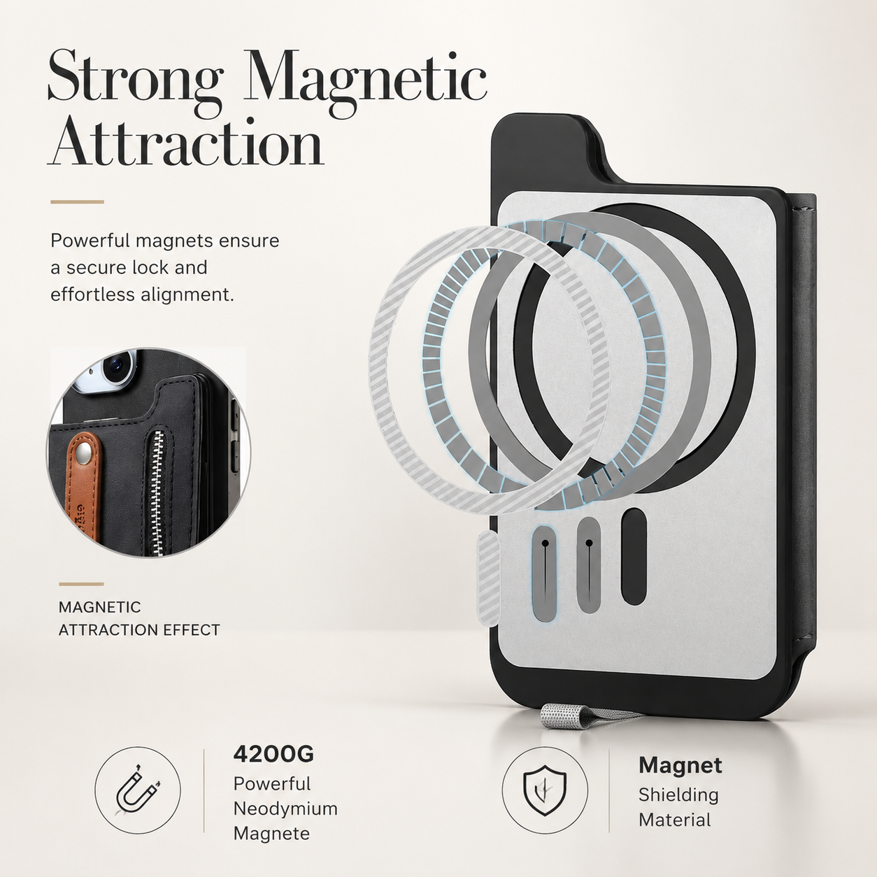 Premium Detachable Zipper Wallet iPhone Case Magnetic Flip Cover Card Holder Wrist Strap Shockproof Protective Case Full Coverage Design