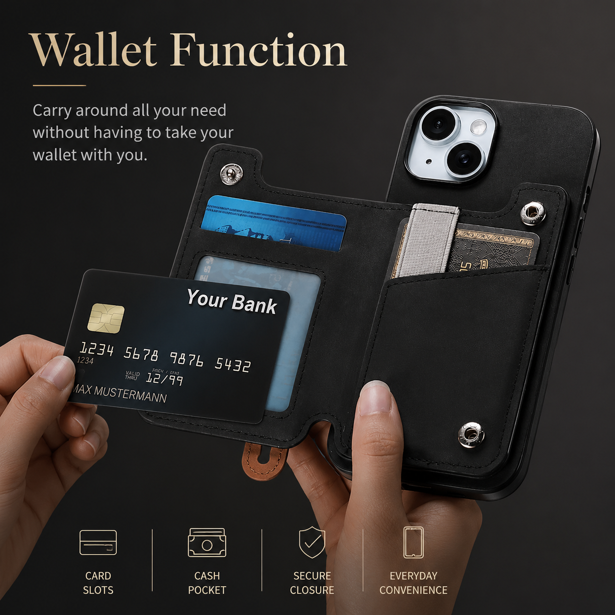 Premium Detachable Zipper Wallet iPhone Case Magnetic Flip Cover Card Holder Wrist Strap Shockproof Protective Case Full Coverage Design