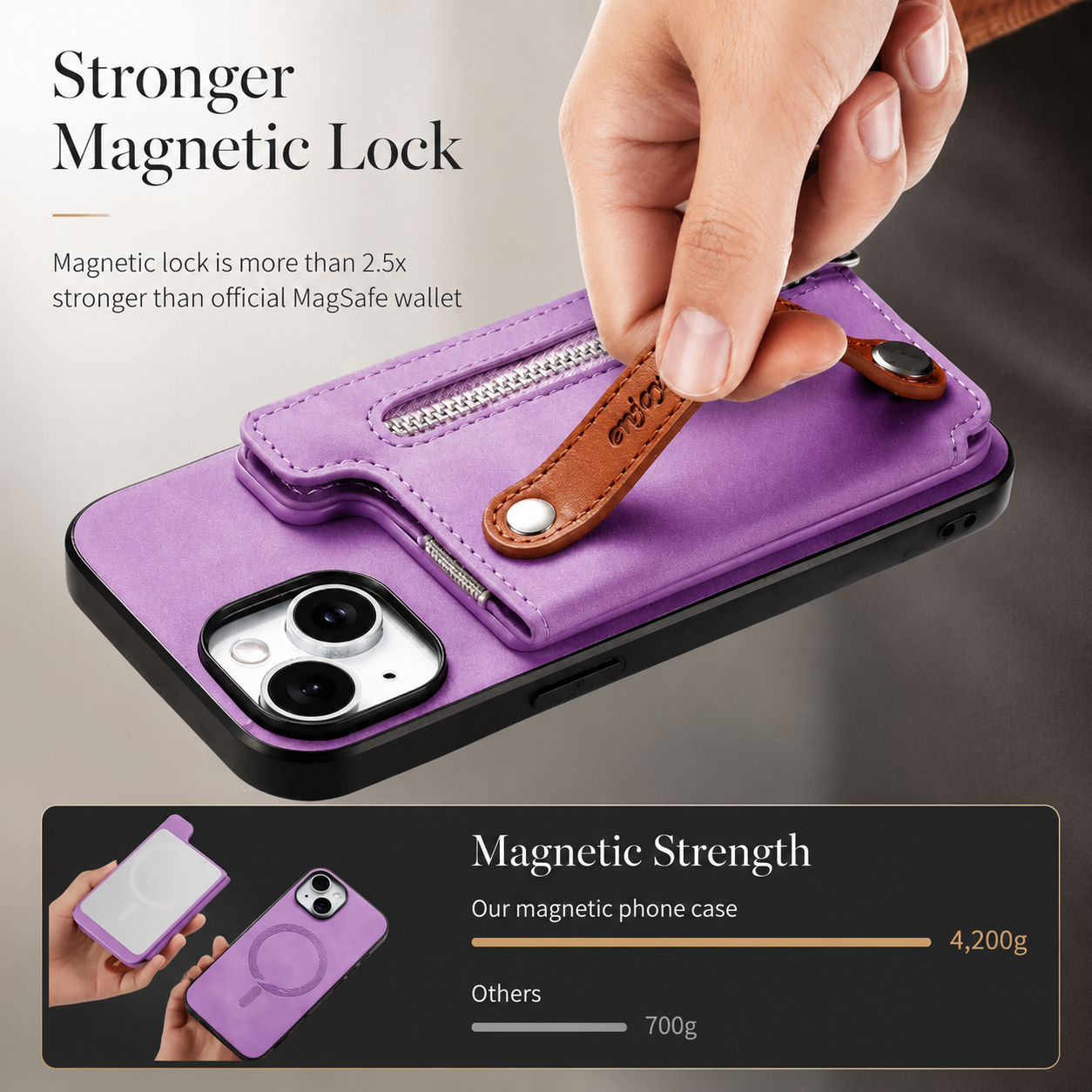 Premium Detachable Zipper Wallet iPhone Case Magnetic Flip Cover Card Holder Wrist Strap Shockproof Protective Case Full Coverage Design