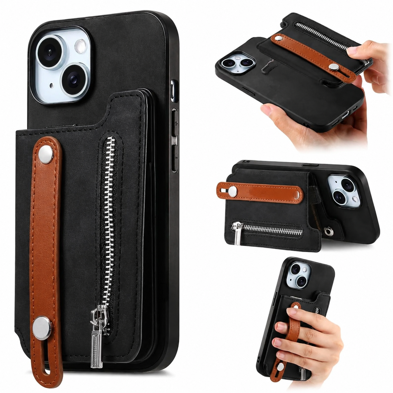 Premium Detachable Zipper Wallet iPhone Case Magnetic Flip Cover Card Holder Wrist Strap Shockproof Protective Case Full Coverage Design
