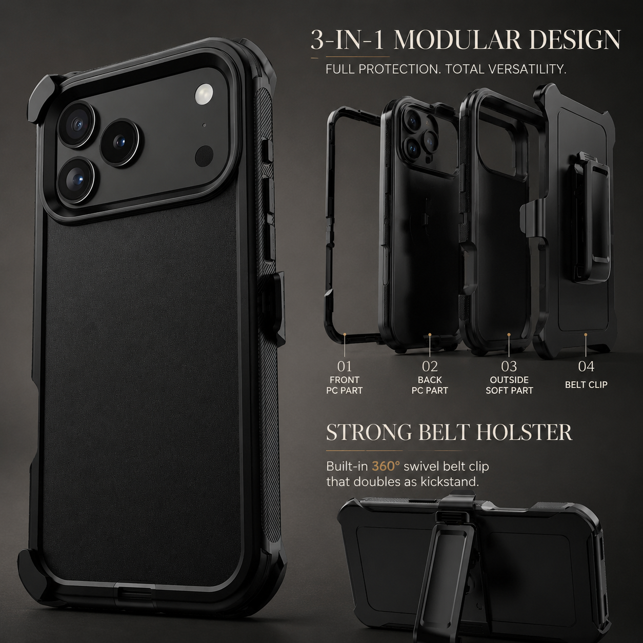 Premium Durable iPhone Case Heavy Duty 3 Layer Hybrid Cover with Belt Clip Holster Shockproof Hard PC Matte Anti Fingerprint Protective Design