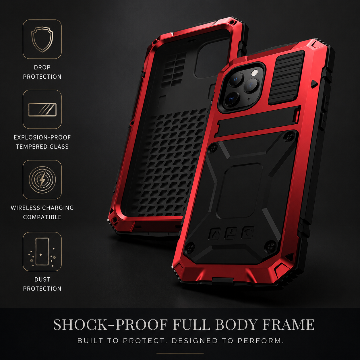 Premium Durable iPhone Case Heavy Duty Aluminum Metal Armor Cover Tempered Glass Screen IP54 Water Resistant Shockproof Full Body Protective Design