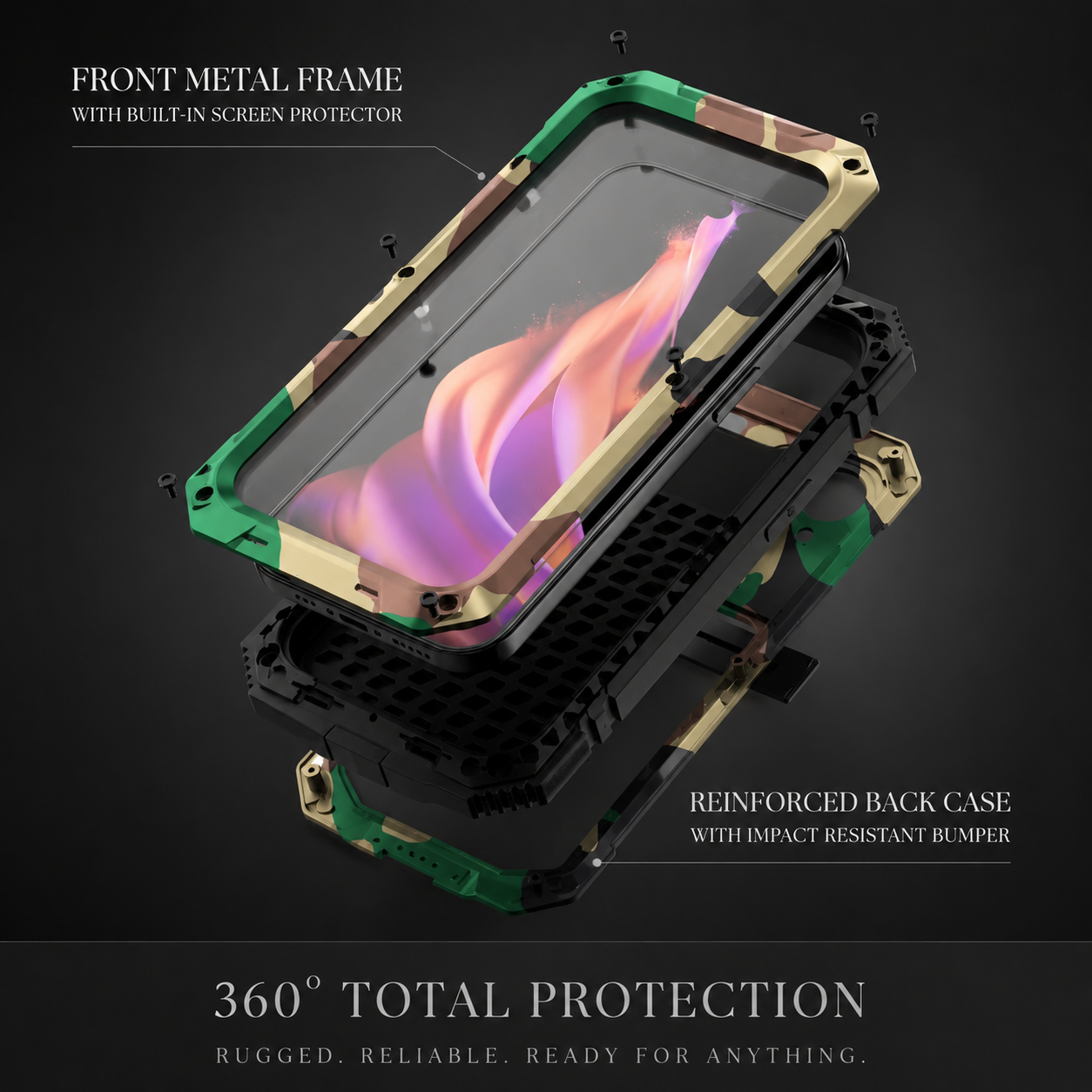 Premium Durable iPhone Case Heavy Duty Aluminum Metal Armor Cover Tempered Glass Screen IP54 Water Resistant Shockproof Full Body Protective Design
