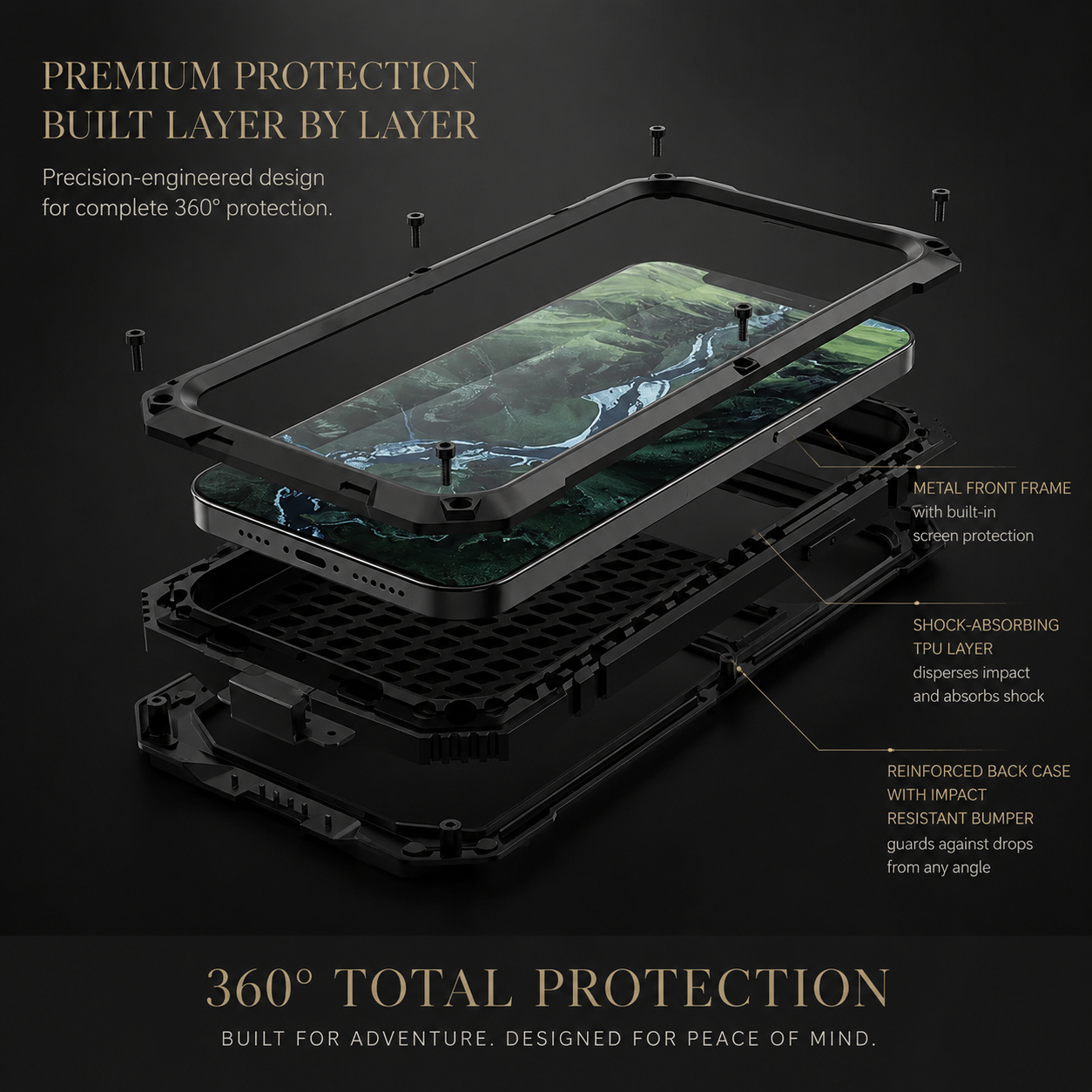 Premium Durable iPhone Case Heavy Duty Aluminum Metal Armor Cover Tempered Glass Screen IP54 Water Resistant Shockproof Full Body Protective Design