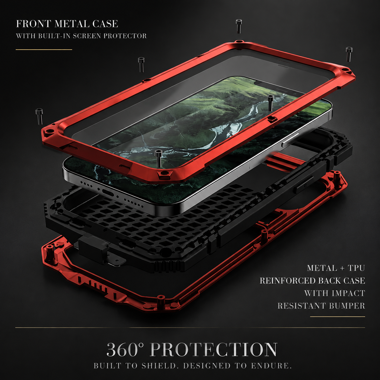 Premium Durable iPhone Case Heavy Duty Aluminum Metal Armor Cover Tempered Glass Screen IP54 Water Resistant Shockproof Full Body Protective Design