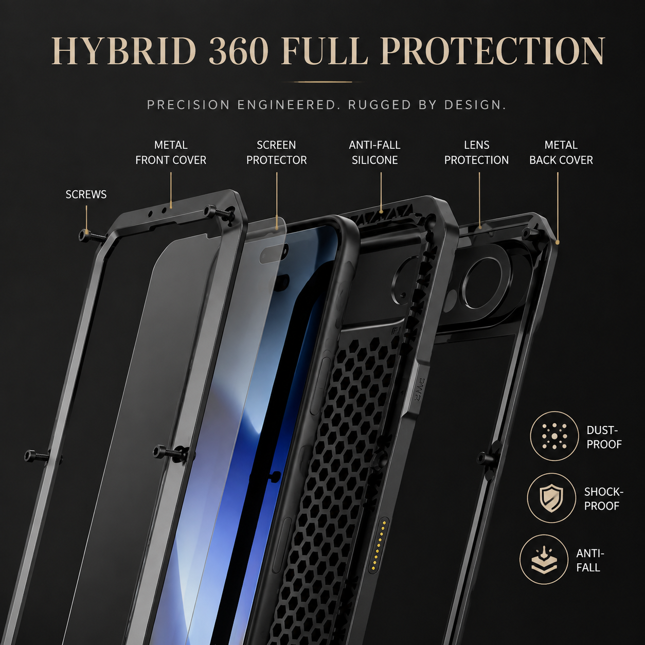 Premium Durable iPhone Case Heavy Duty Metal Cover with Built In Glass Screen Protector Shockproof PC TPU Rugged Anti Scratch Protective Design