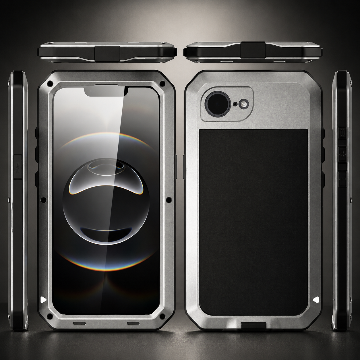 Premium Durable iPhone Case Heavy Duty Metal Cover with Built In Glass Screen Protector Shockproof PC TPU Rugged Anti Scratch Protective Design
