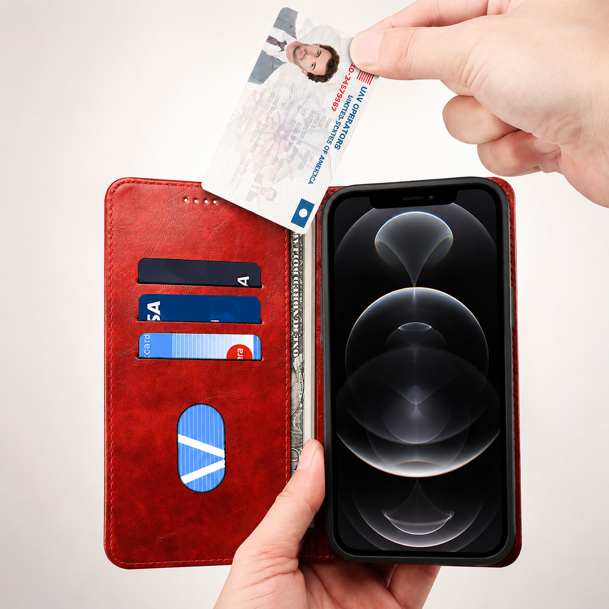 Premium Genuine Leather iPhone Case Wallet Flip Cover Card Holder Magnetic Closure Stand Function Shockproof Protective Full Coverage Design