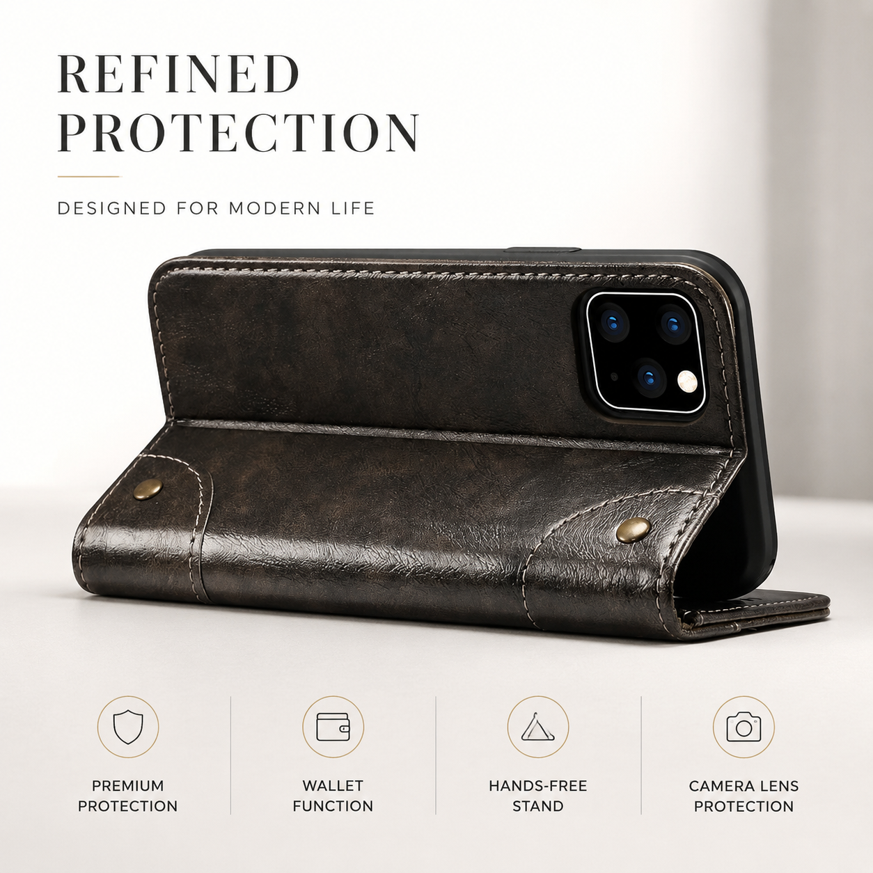 Premium Genuine Leather iPhone Case Wallet Flip Cover Card Holder Magnetic Closure Stand Function Shockproof Protective Full Coverage Design