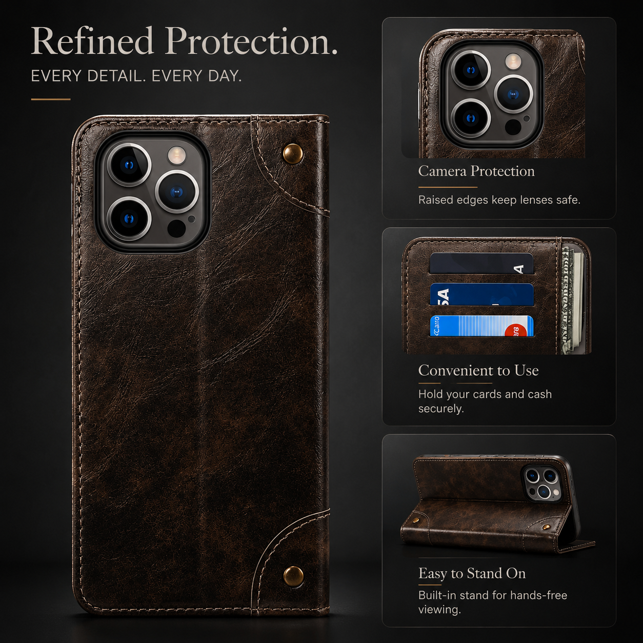 Premium Genuine Leather iPhone Case Wallet Flip Cover Card Holder Magnetic Closure Stand Function Shockproof Protective Full Coverage Design
