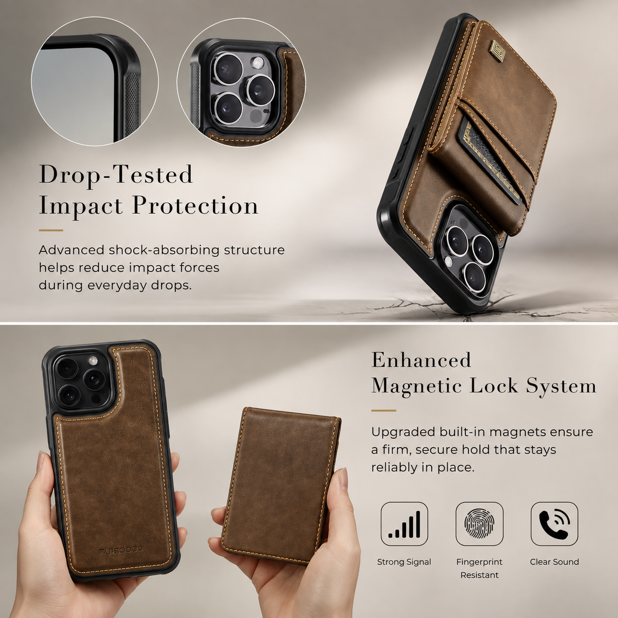 Premium Luxury iPhone Case 2-in-1 Detachable Magnetic Wallet Cover PU Leather Card Holder Cash Pocket Wrist Strap Shockproof Full Protection Slim Design Finish