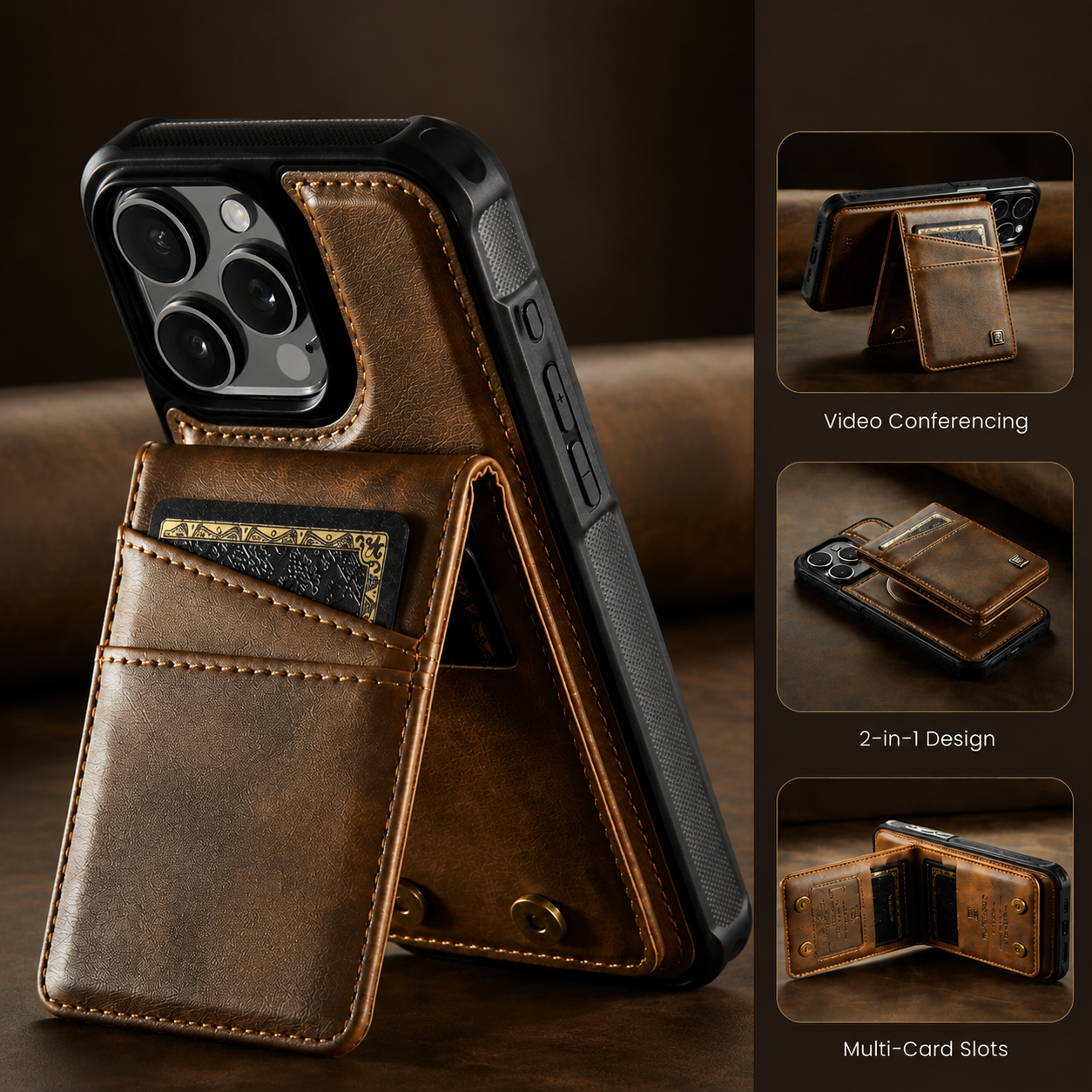 Premium Luxury iPhone Case 2-in-1 Detachable Magnetic Wallet Cover PU Leather Card Holder Cash Pocket Wrist Strap Shockproof Full Protection Slim Design Finish