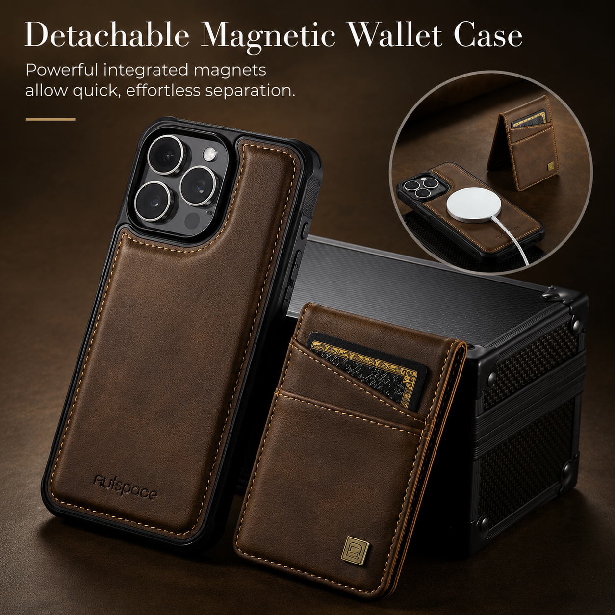 Premium Luxury iPhone Case 2-in-1 Detachable Magnetic Wallet Cover PU Leather Card Holder Cash Pocket Wrist Strap Shockproof Full Protection Slim Design Finish