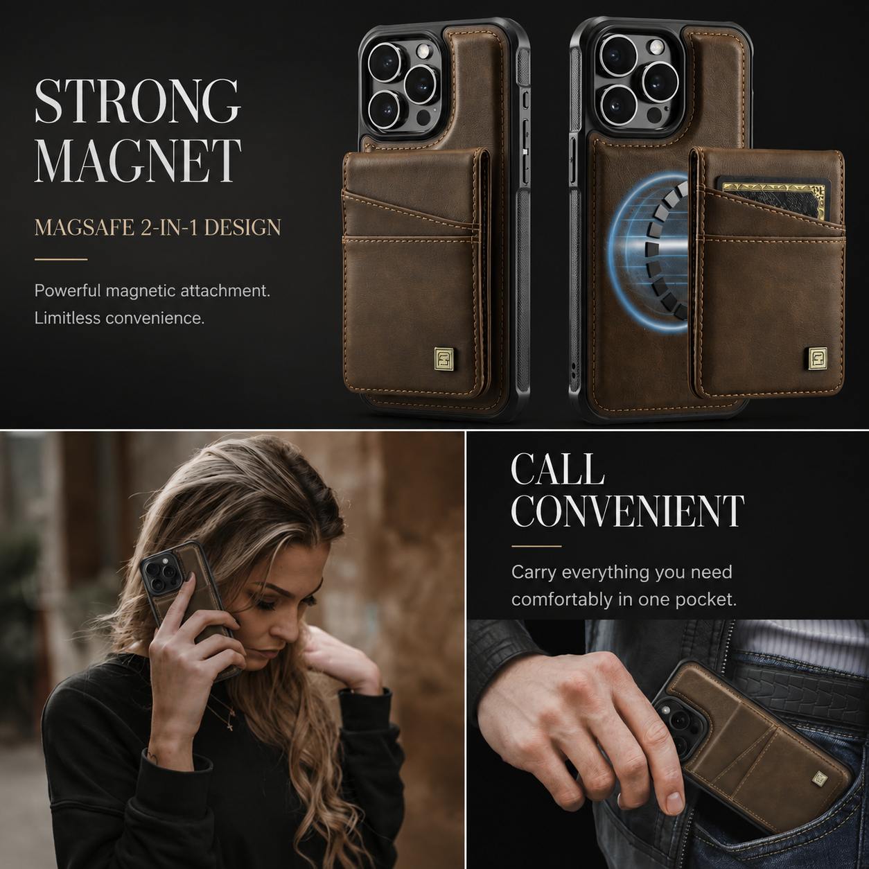 Premium Luxury iPhone Case 2-in-1 Detachable Magnetic Wallet Cover PU Leather Card Holder Cash Pocket Wrist Strap Shockproof Full Protection Slim Design Finish