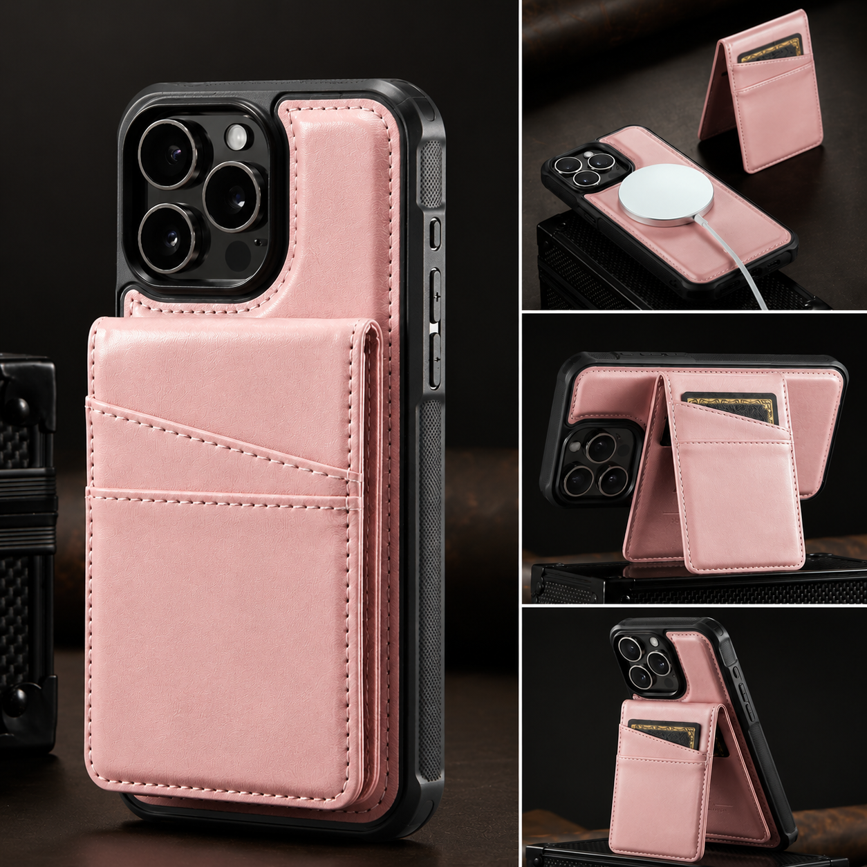 Premium Luxury iPhone Case 2-in-1 Detachable Magnetic Wallet Cover PU Leather Card Holder Cash Pocket Wrist Strap Shockproof Full Protection Slim Design Finish