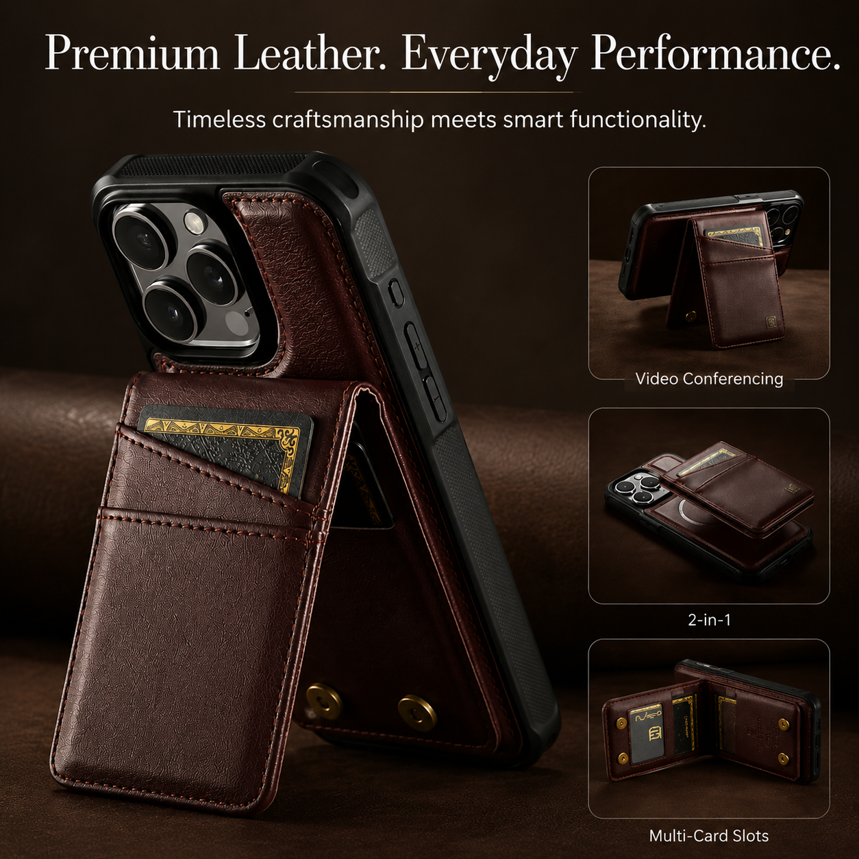 Premium Luxury iPhone Case 2-in-1 Detachable Magnetic Wallet Cover PU Leather Card Holder Cash Pocket Wrist Strap Shockproof Full Protection Slim Design Finish