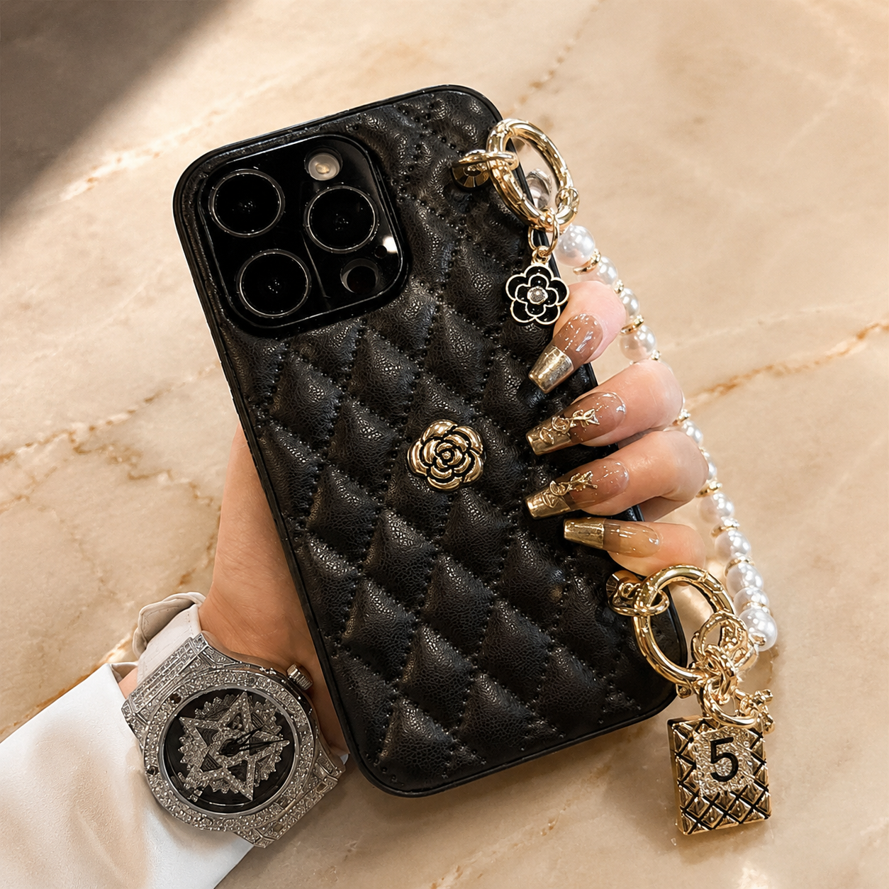 Premium Luxury iPhone Case 3D Camellia Floral Cover Chain Strap Shockproof Protective Design Slim Lightweight Elegant Finish Style Fashion Collection