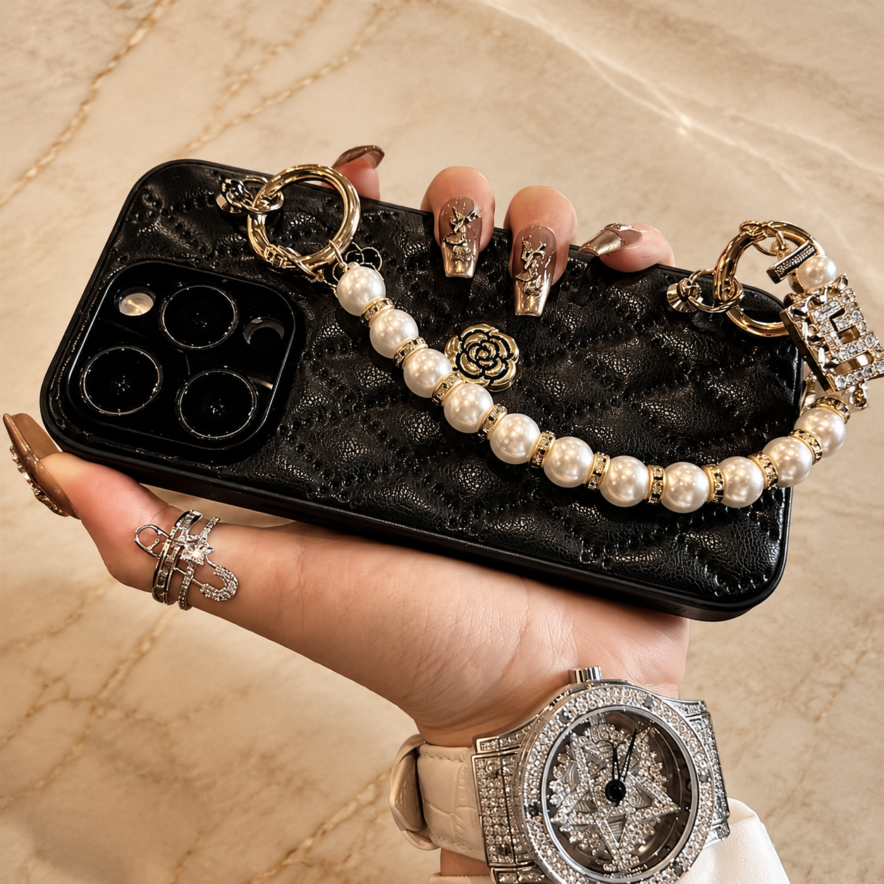 Premium Luxury iPhone Case 3D Camellia Floral Cover Chain Strap Shockproof Protective Design Slim Lightweight Elegant Finish Style Fashion Collection