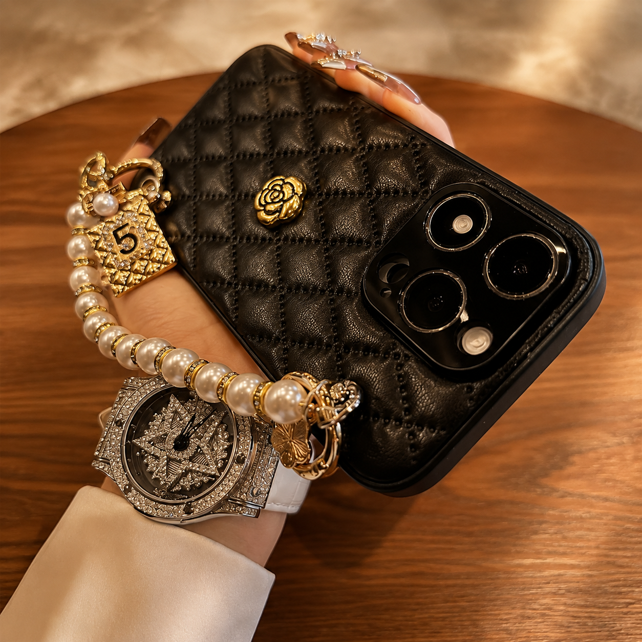 Premium Luxury iPhone Case 3D Camellia Floral Cover Chain Strap Shockproof Protective Design Slim Lightweight Elegant Finish Style Fashion Collection