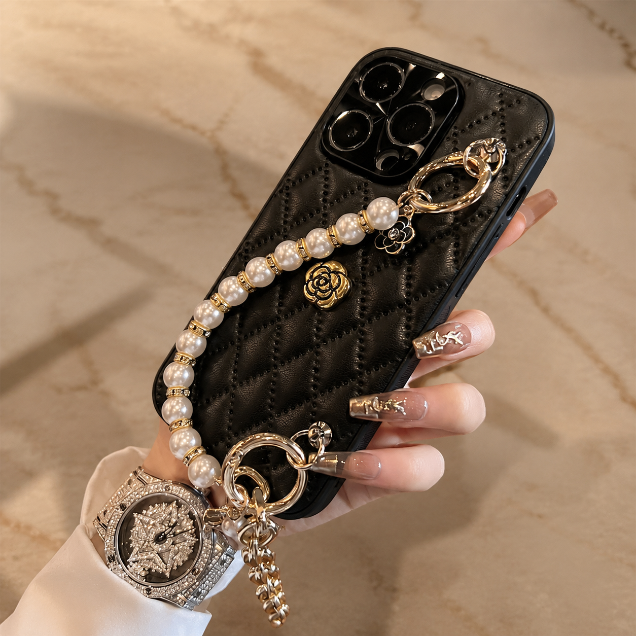 Premium Luxury iPhone Case 3D Camellia Floral Cover Chain Strap Shockproof Protective Design Slim Lightweight Elegant Finish Style Fashion Collection