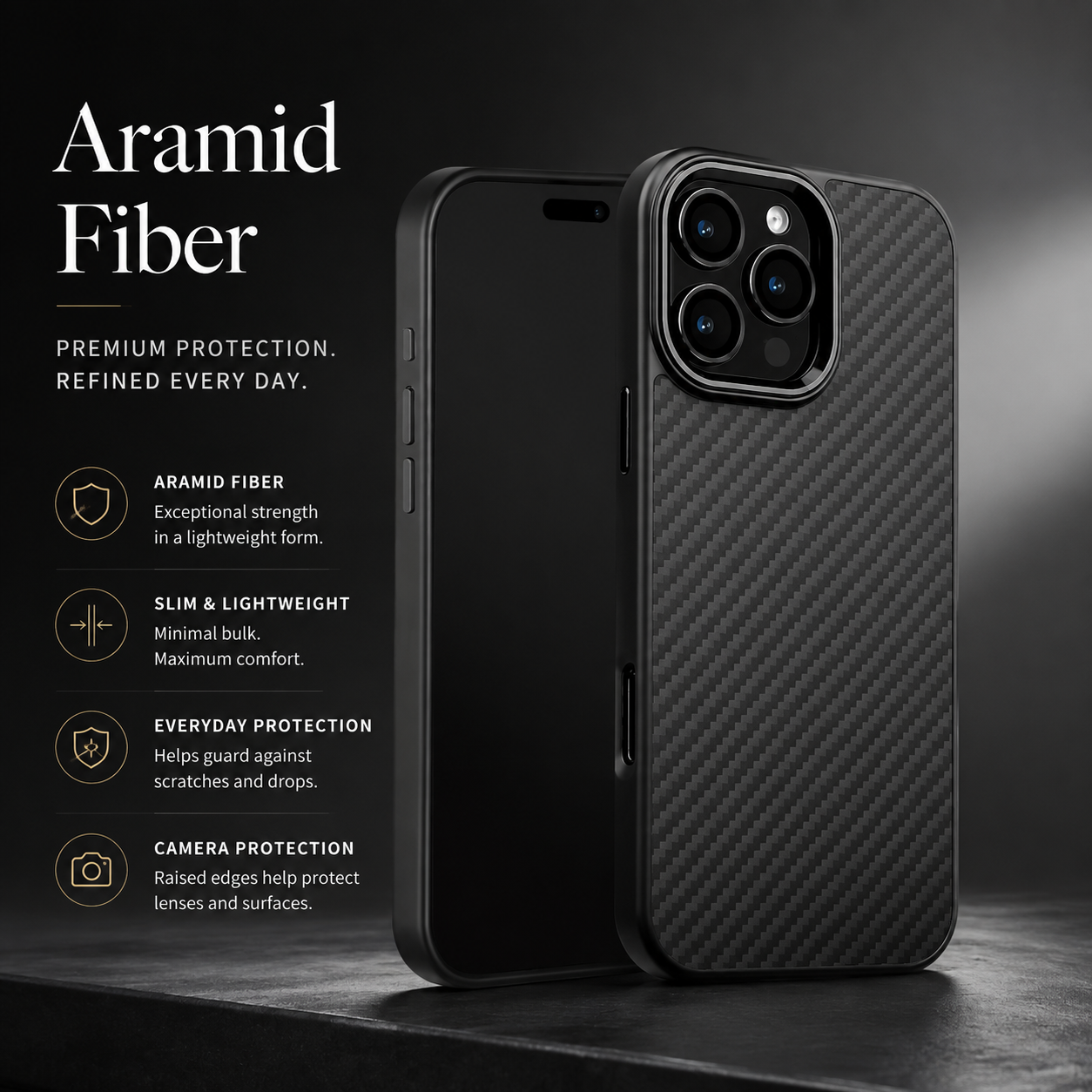 Premium Luxury iPhone Case Carbon Fiber Aramid Armor Cover Metal Frame Shockproof Full Coverage Wireless Charging Protective Durable Design Finish