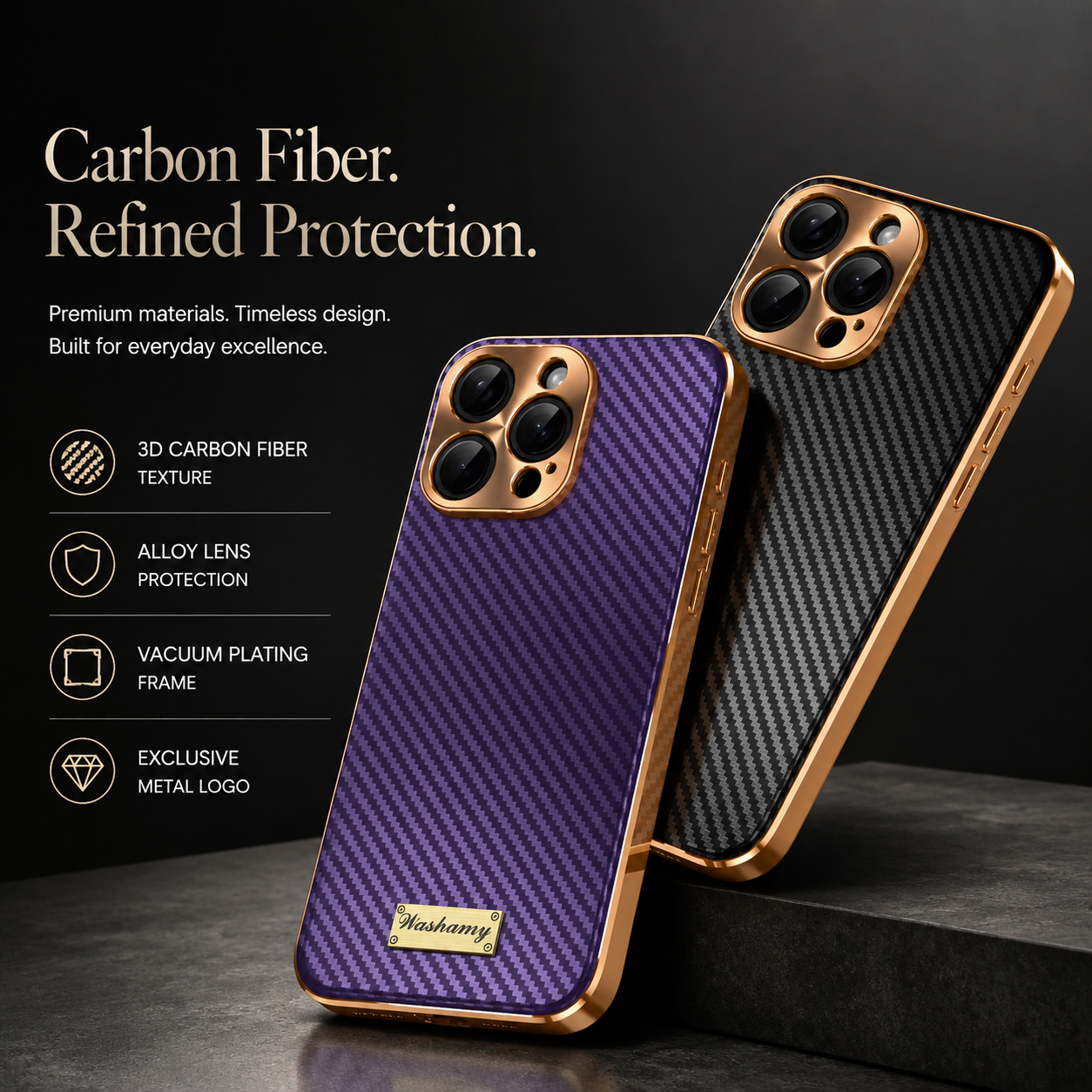 Premium Luxury iPhone Case Carbon Fiber Textured Leather Cover Alloy Metal Lens Guard Shockproof Slim Fit Wireless Charging Compatible Durable Design Finish