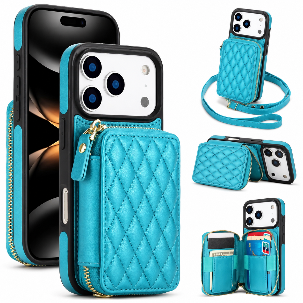 Premium Luxury iPhone Case Crossbody RFID Blocking Folio Wallet Cover Zipper Handbag Card Holder Kickstand Wrist Strap Lanyard Protective Design