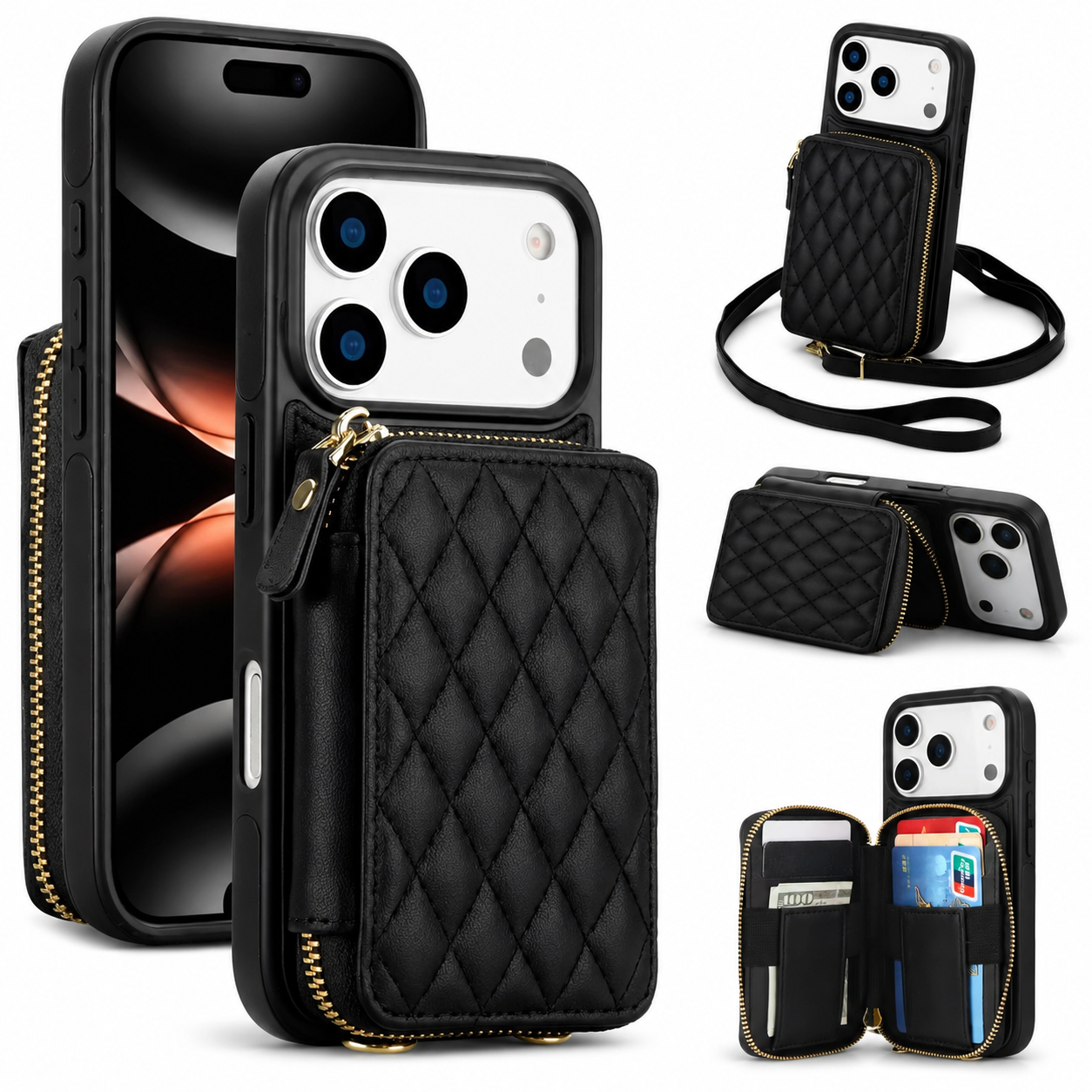 Premium Luxury iPhone Case Crossbody RFID Blocking Folio Wallet Cover Zipper Handbag Card Holder Kickstand Wrist Strap Lanyard Protective Design