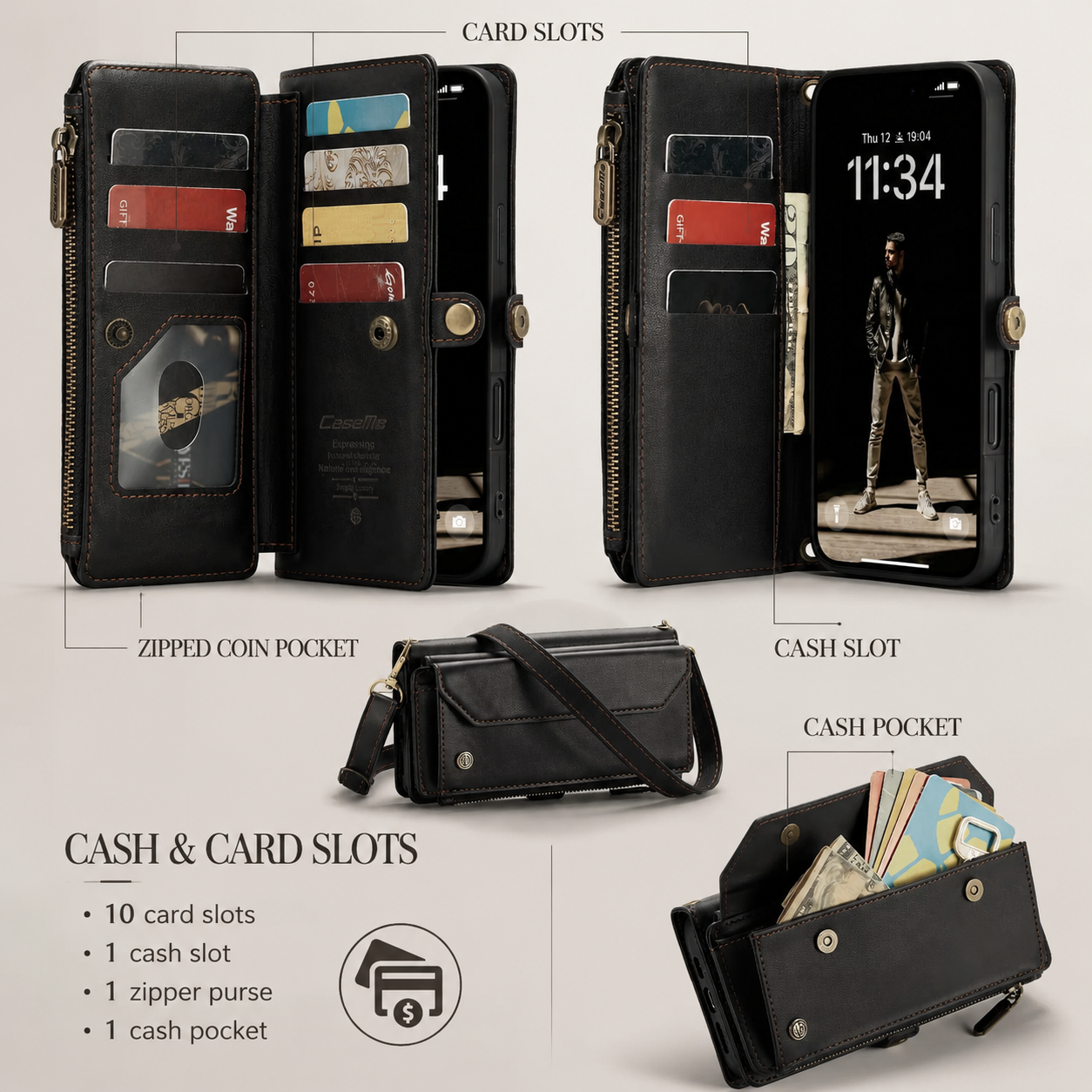 Premium Luxury iPhone Case Crossbody RFID Blocking PU Leather Wallet Cover 10 Card Holder Wristlet Shoulder Strap Shockproof Protective Design Style