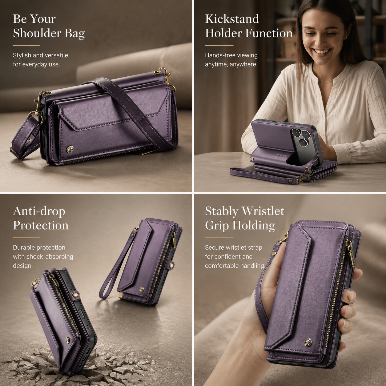 Premium Luxury iPhone Case Crossbody RFID Blocking PU Leather Wallet Cover 10 Card Holder Wristlet Shoulder Strap Shockproof Protective Design Style
