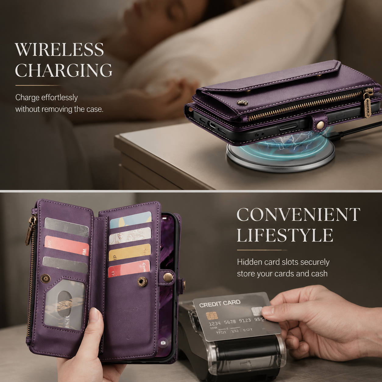 Premium Luxury iPhone Case Crossbody RFID Blocking PU Leather Wallet Cover 10 Card Holder Wristlet Shoulder Strap Shockproof Protective Design Style