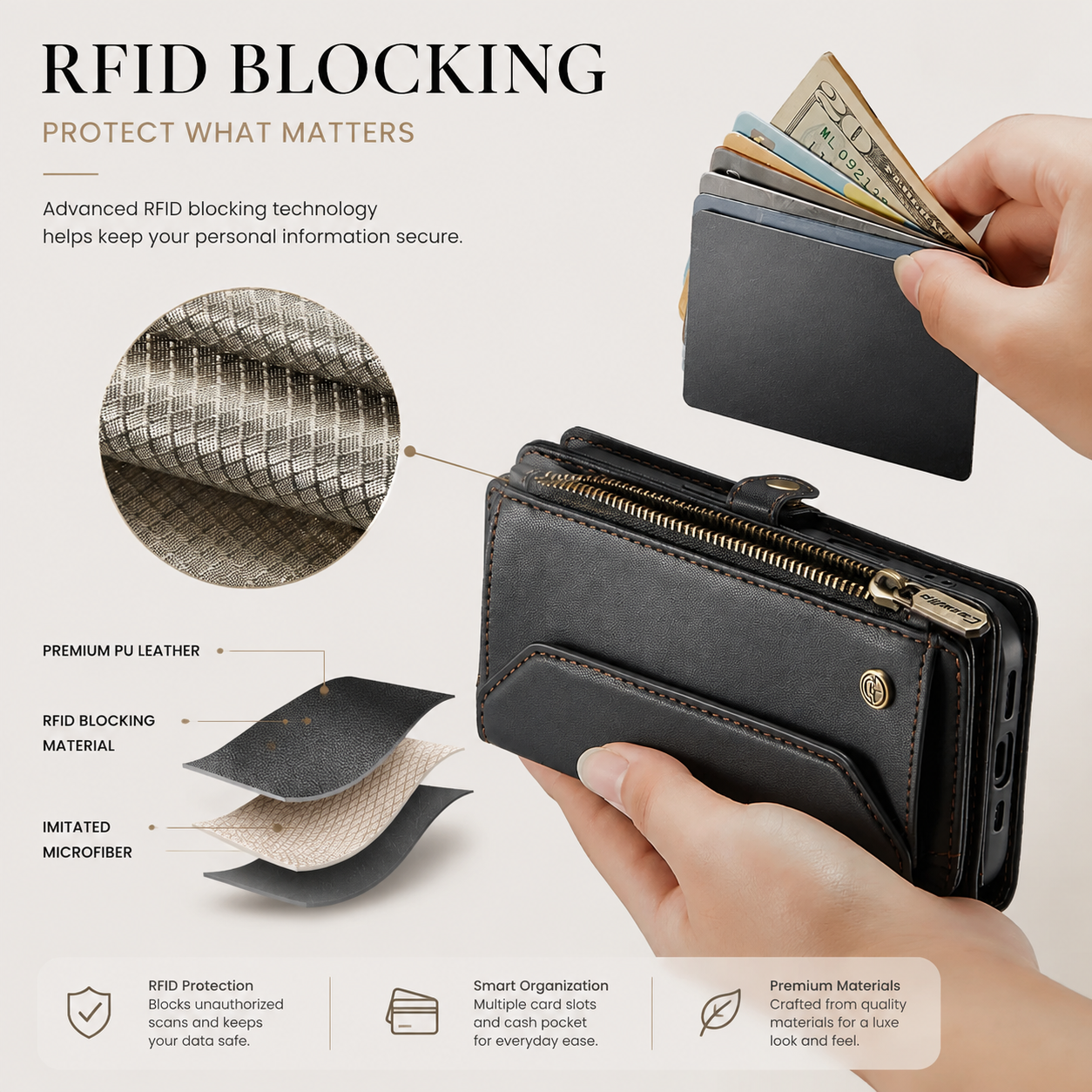 Premium Luxury iPhone Case Crossbody RFID Blocking PU Leather Wallet Cover 10 Card Holder Wristlet Shoulder Strap Shockproof Protective Design Style
