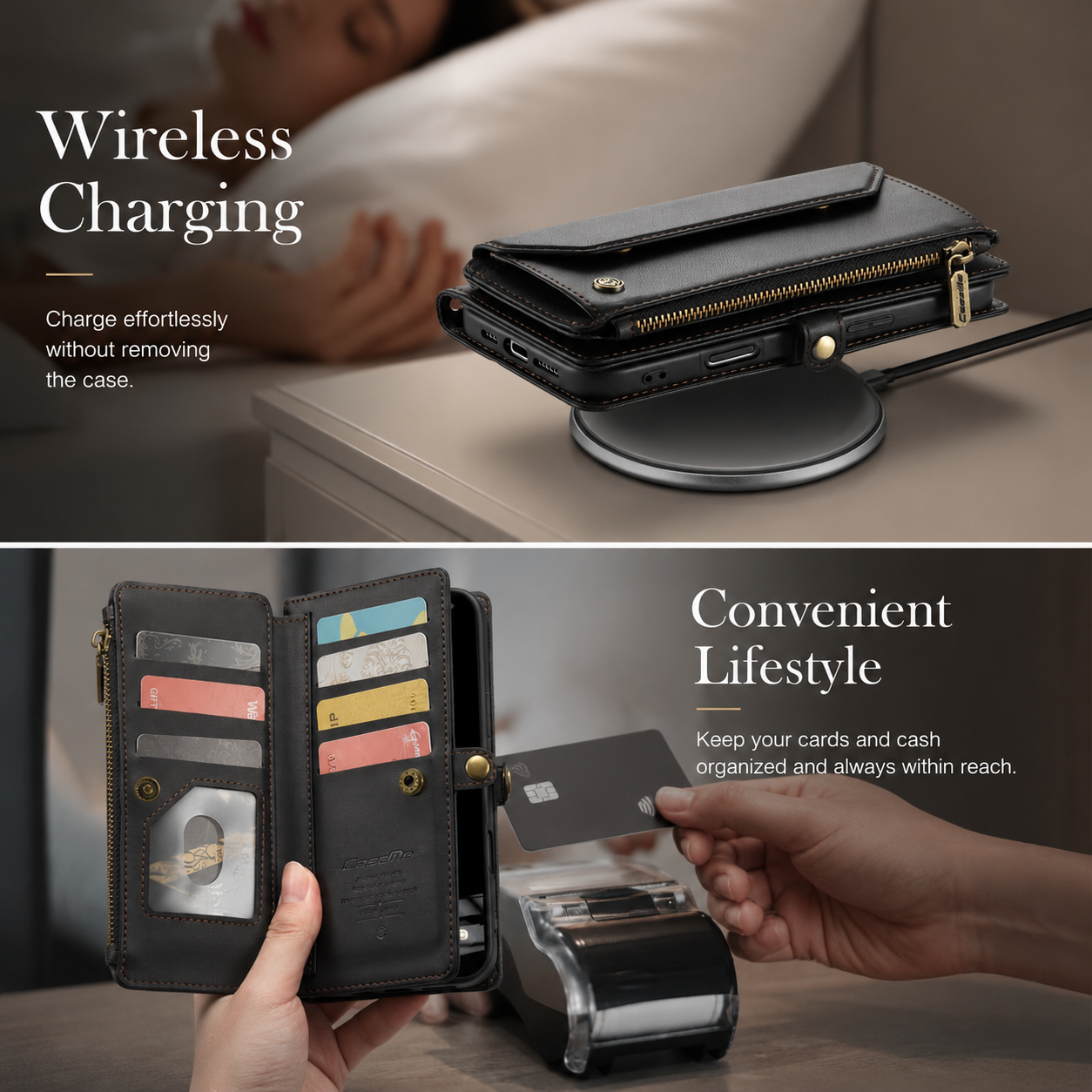 Premium Luxury iPhone Case Crossbody RFID Blocking PU Leather Wallet Cover 10 Card Holder Wristlet Shoulder Strap Shockproof Protective Design Style