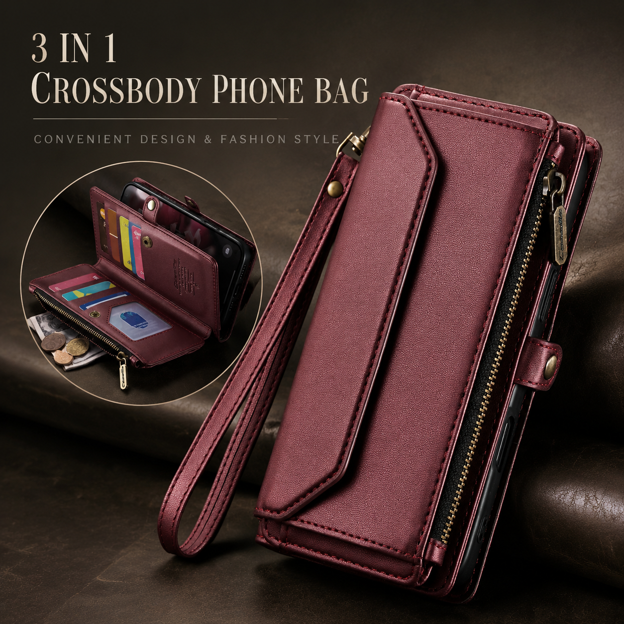 Premium Luxury iPhone Case Crossbody RFID Blocking PU Leather Wallet Cover 10 Card Holder Wristlet Shoulder Strap Shockproof Protective Design Style
