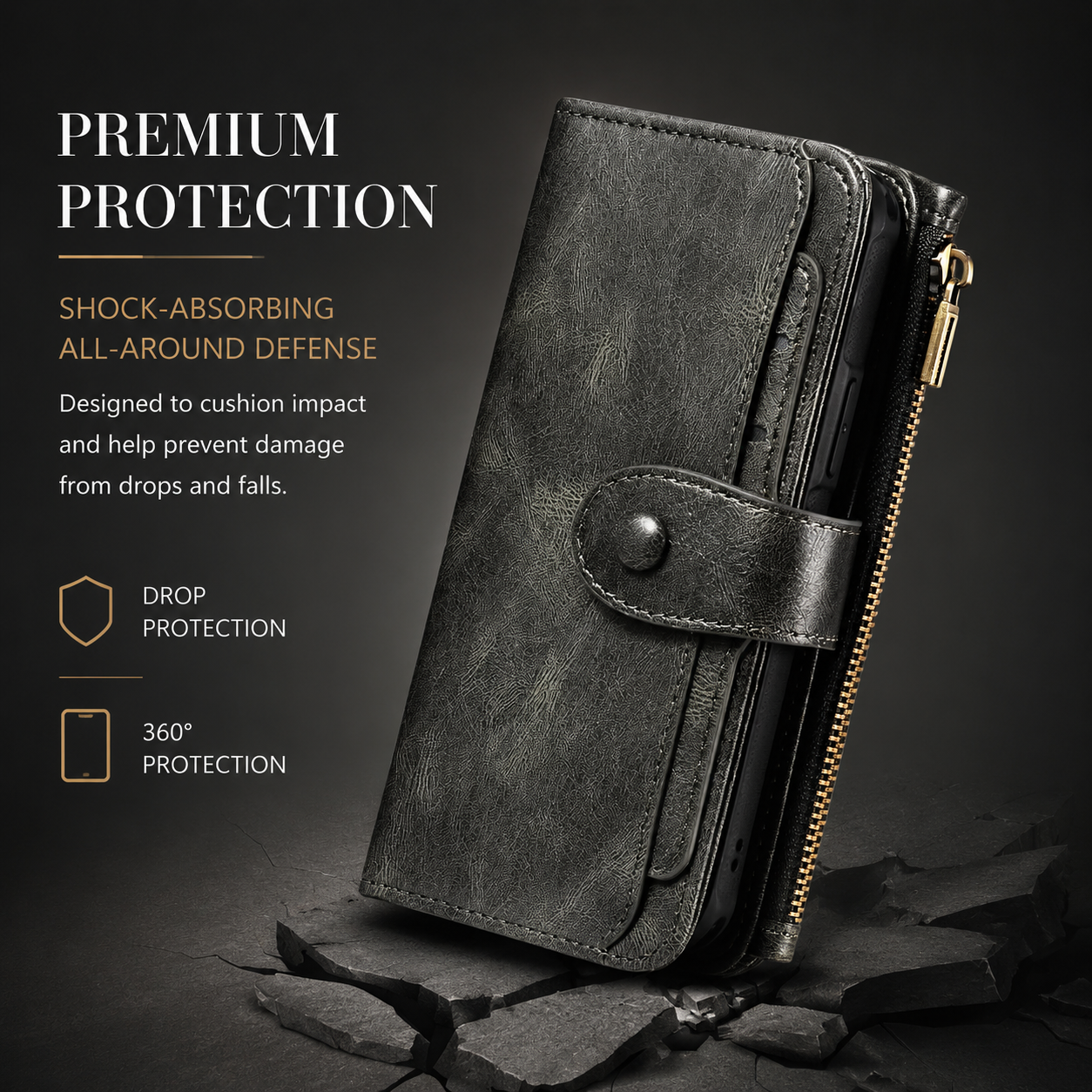 Premium Luxury iPhone Case Detachable Retro PU Leather Wallet Cover Card Holder Zipper Shockproof Anti Fingerprint Dustproof Protective Design