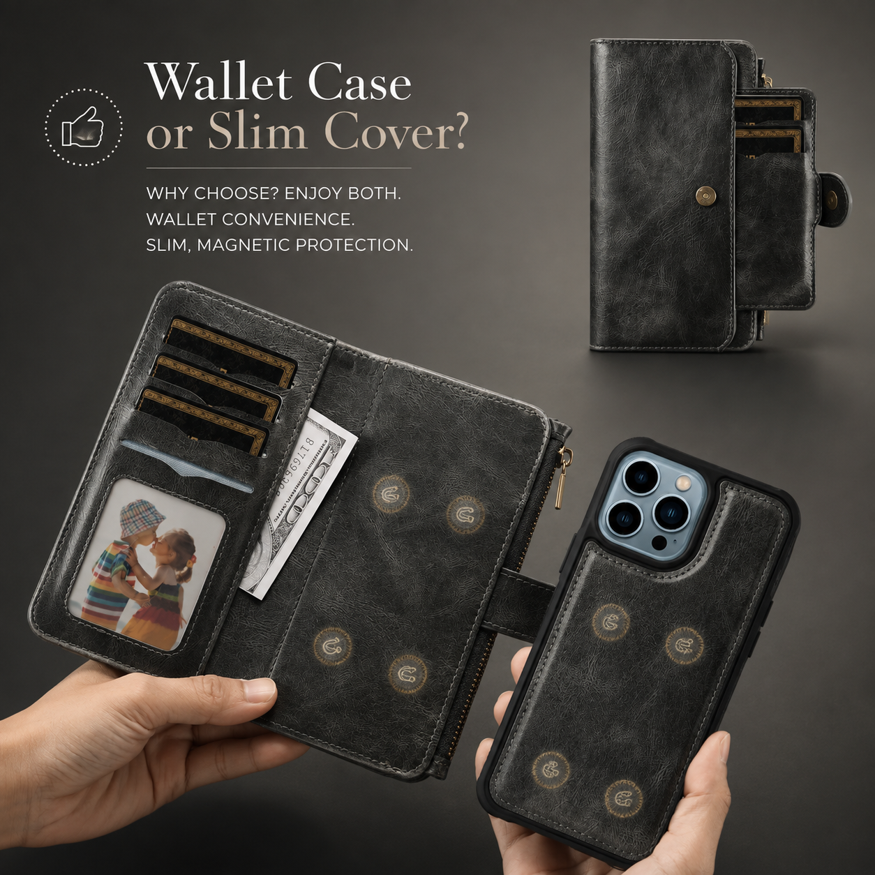 Premium Luxury iPhone Case Detachable Retro PU Leather Wallet Cover Card Holder Zipper Shockproof Anti Fingerprint Dustproof Protective Design